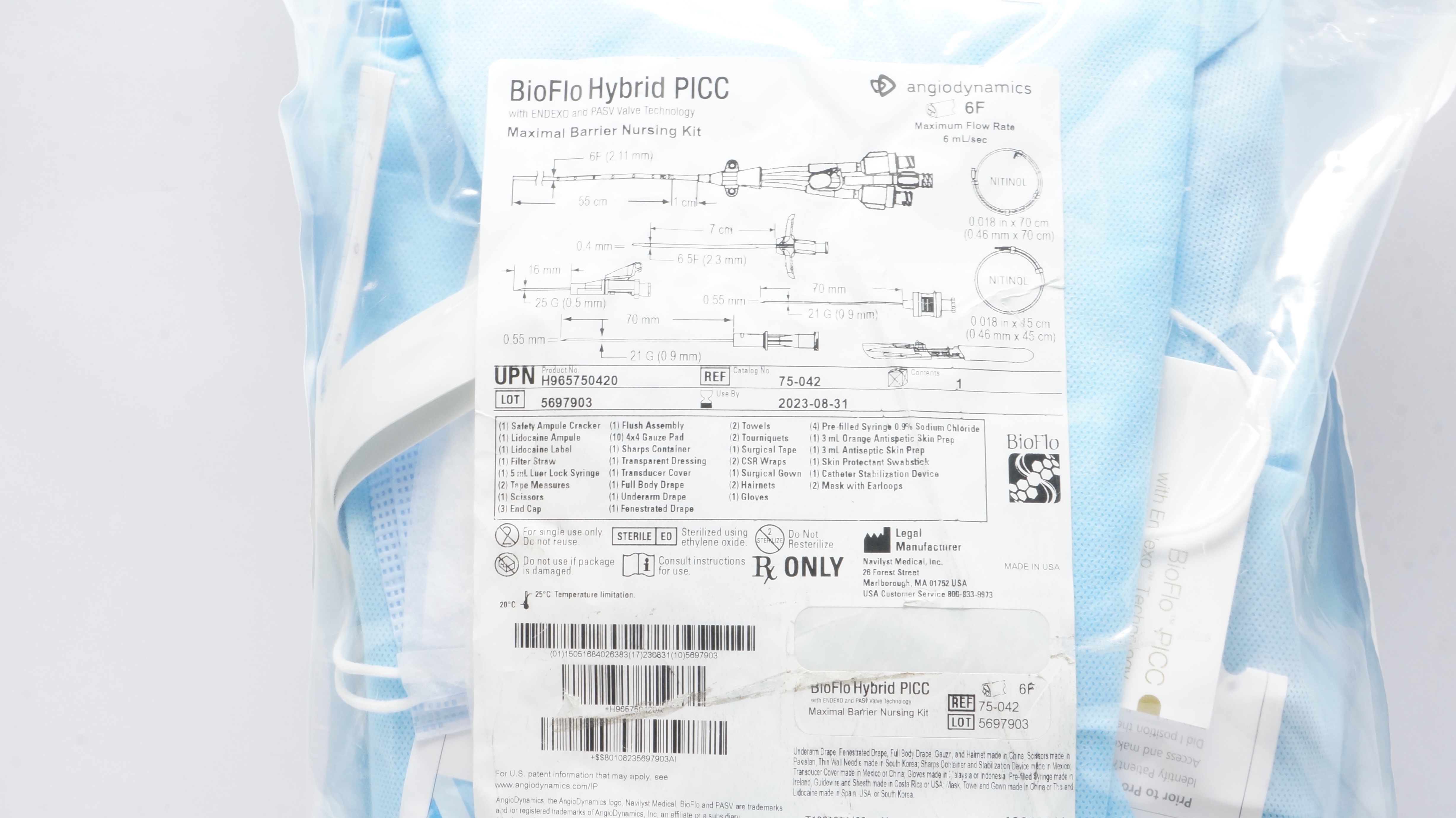 Angiodynamics 75-042 BioFlo Hybrid PICC Maximal Barrier Nursing Kit 6F (x)