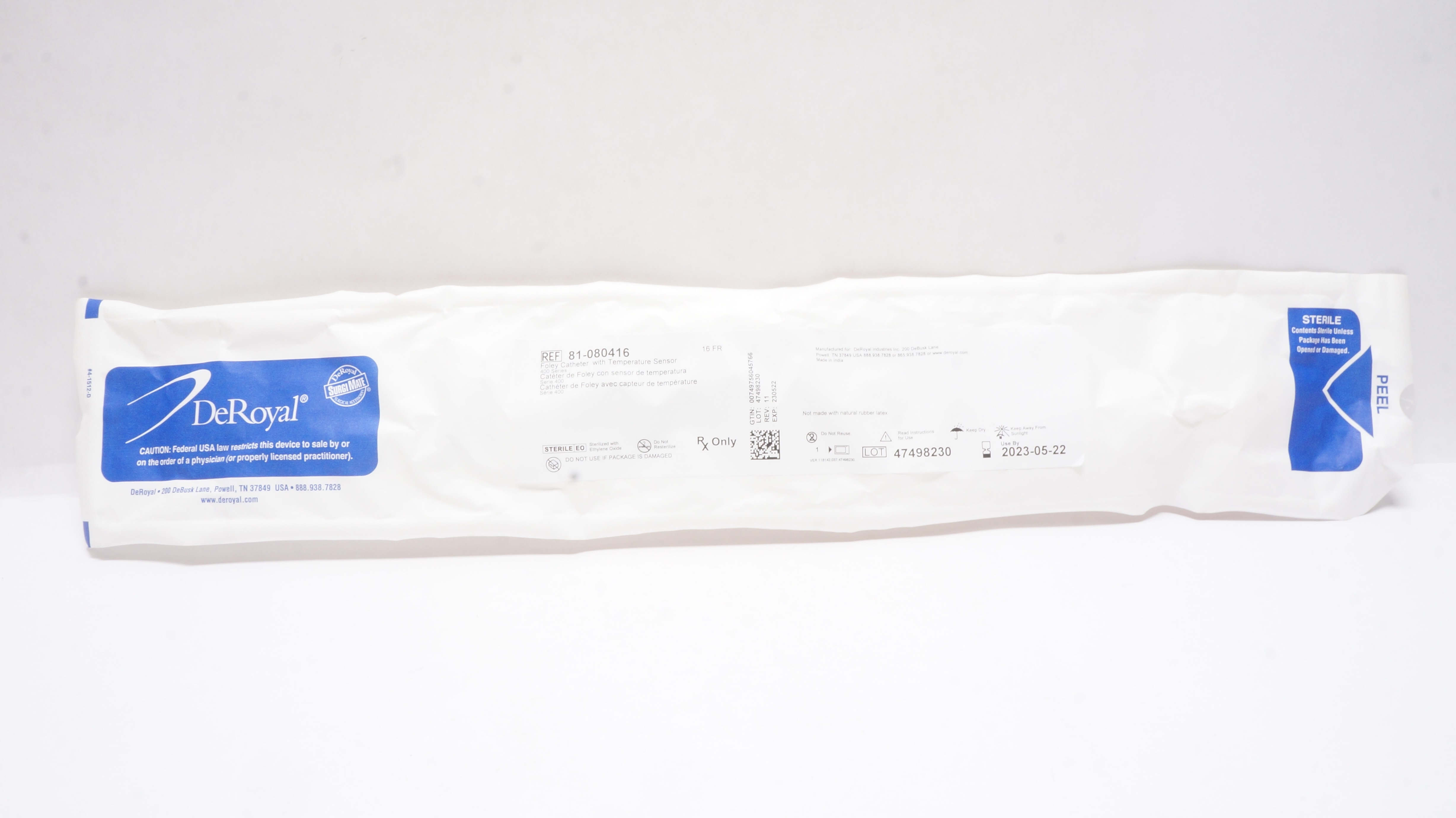 DeRoyal 81-080416 Surgi Mate Foley Cath. w/ Temperature Sensor 400 Series 16F(x)
