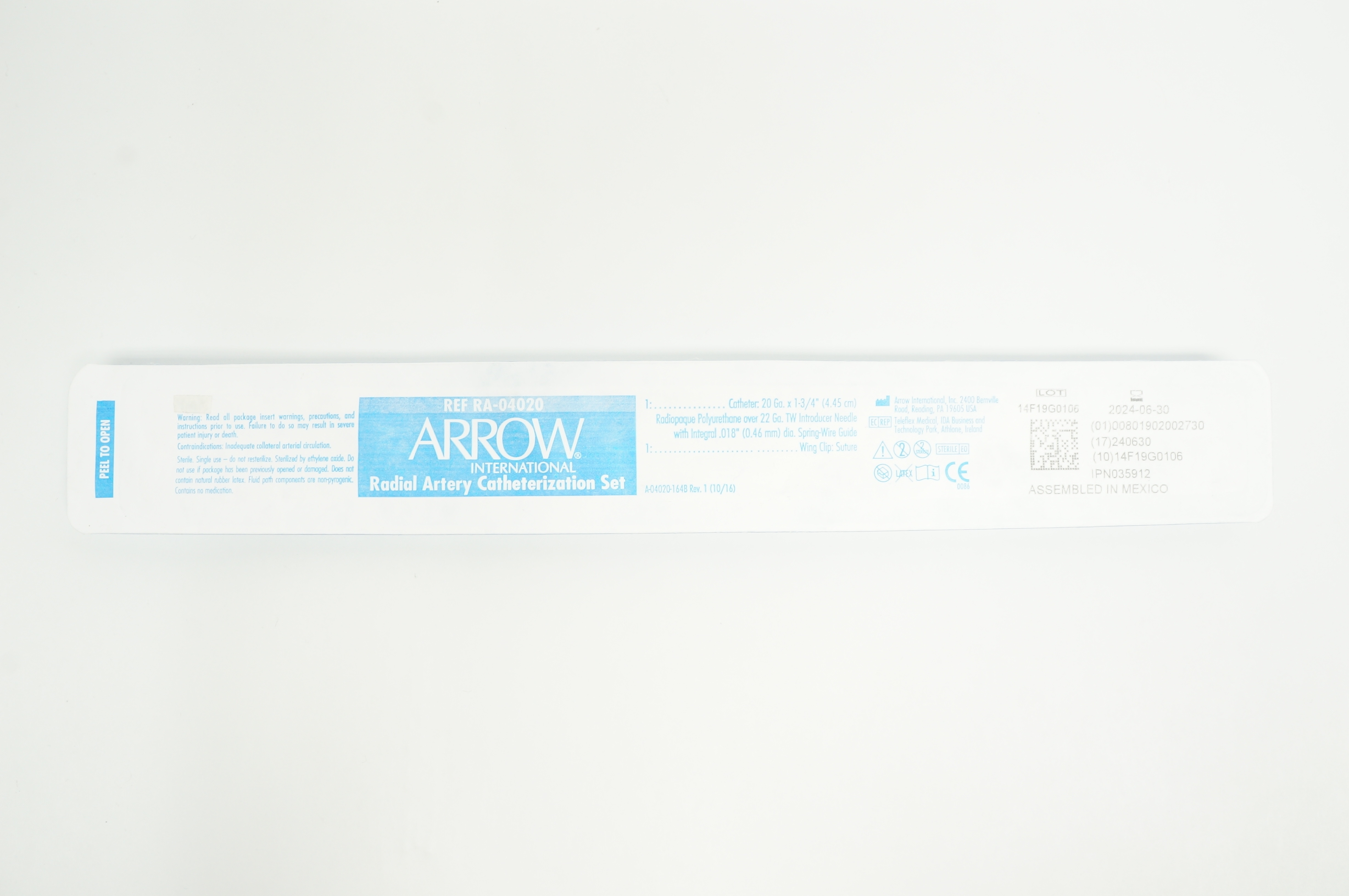 Arrow RA-04020 Radial Artery Catheterization Set 20Ga x 1-3/4in