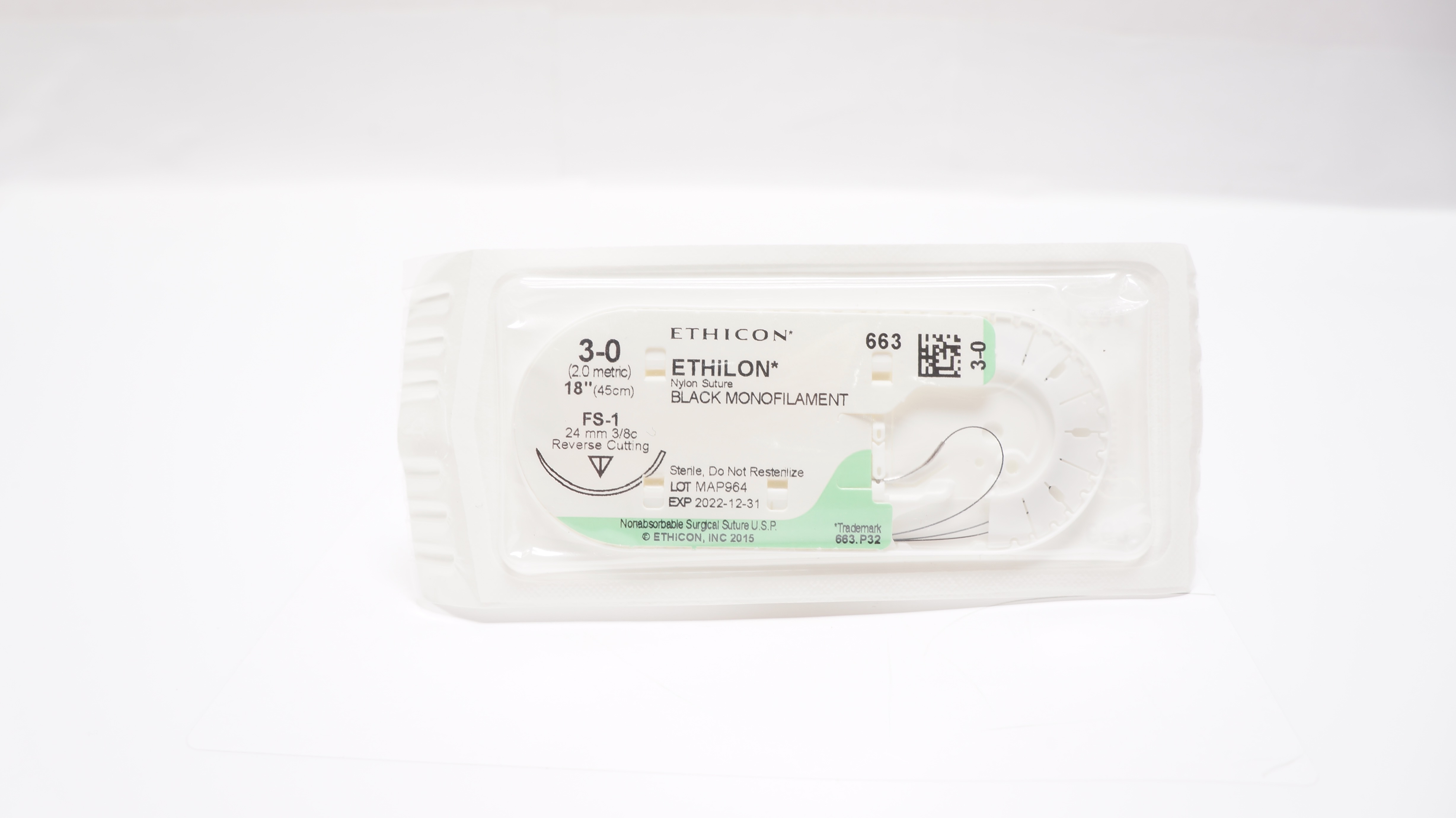 Ethicon 663 3-0 Ethilon Nylon Stre FS-1, 24mm 3/8c Reverse Cutting, 18inch (x)