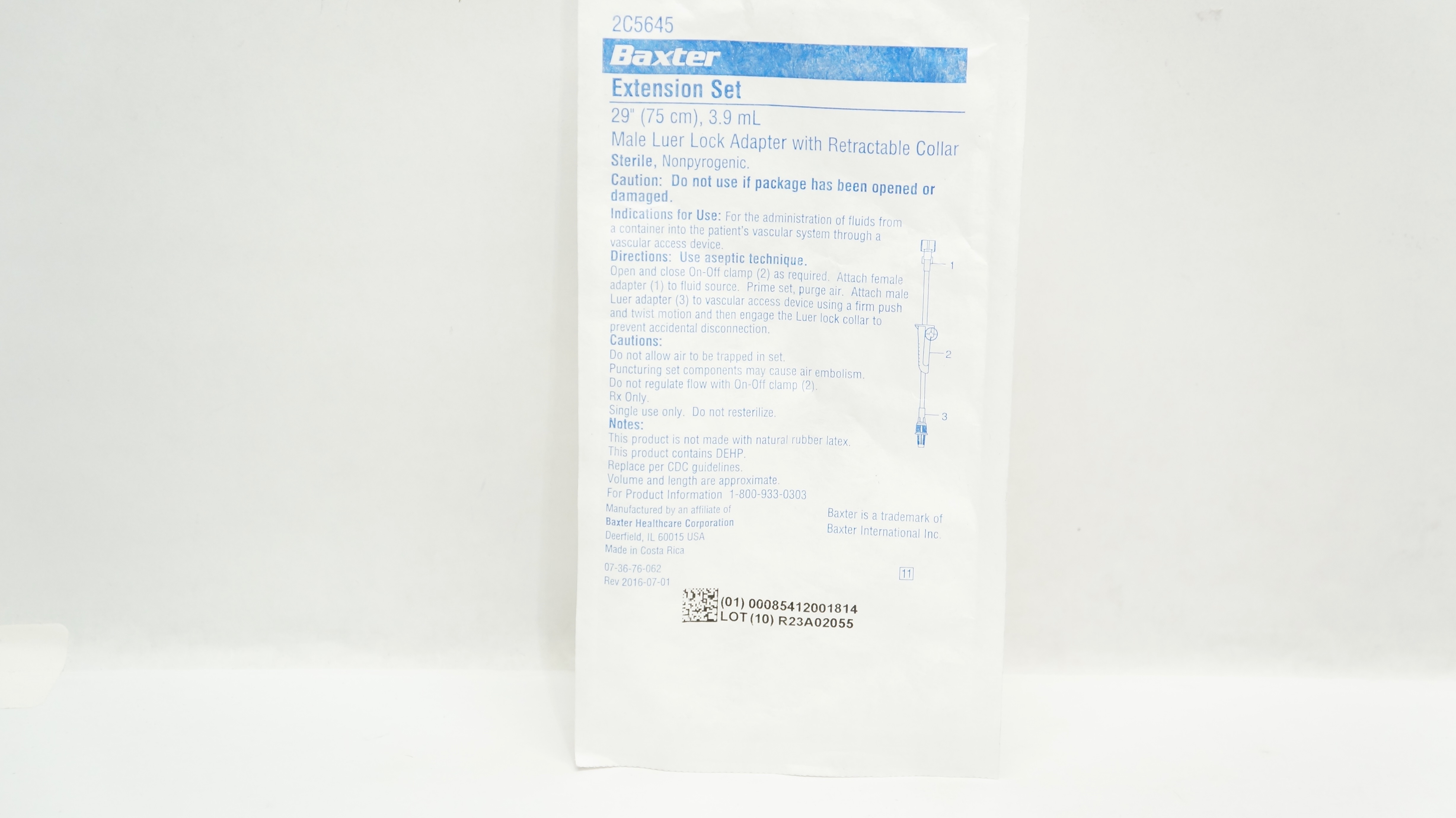 Baxter 2C5645 Extension Set 29inch x 3.9mL Male Luer Lock Adapter w/Collar