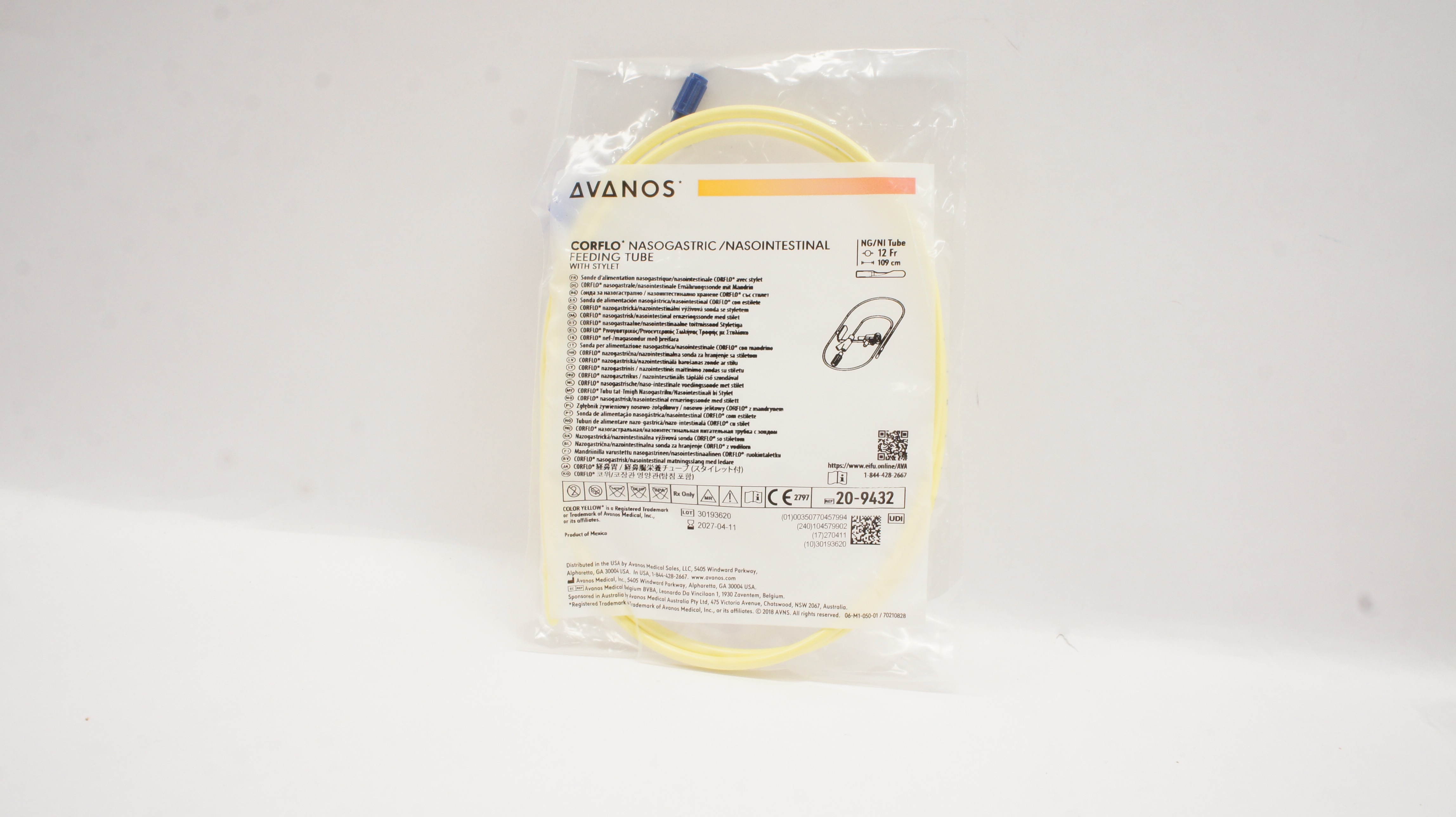Avanos 20-9432 Corflo Nasogastric /Nasointenstinal Feeding Tube W/Stylet 12Fr