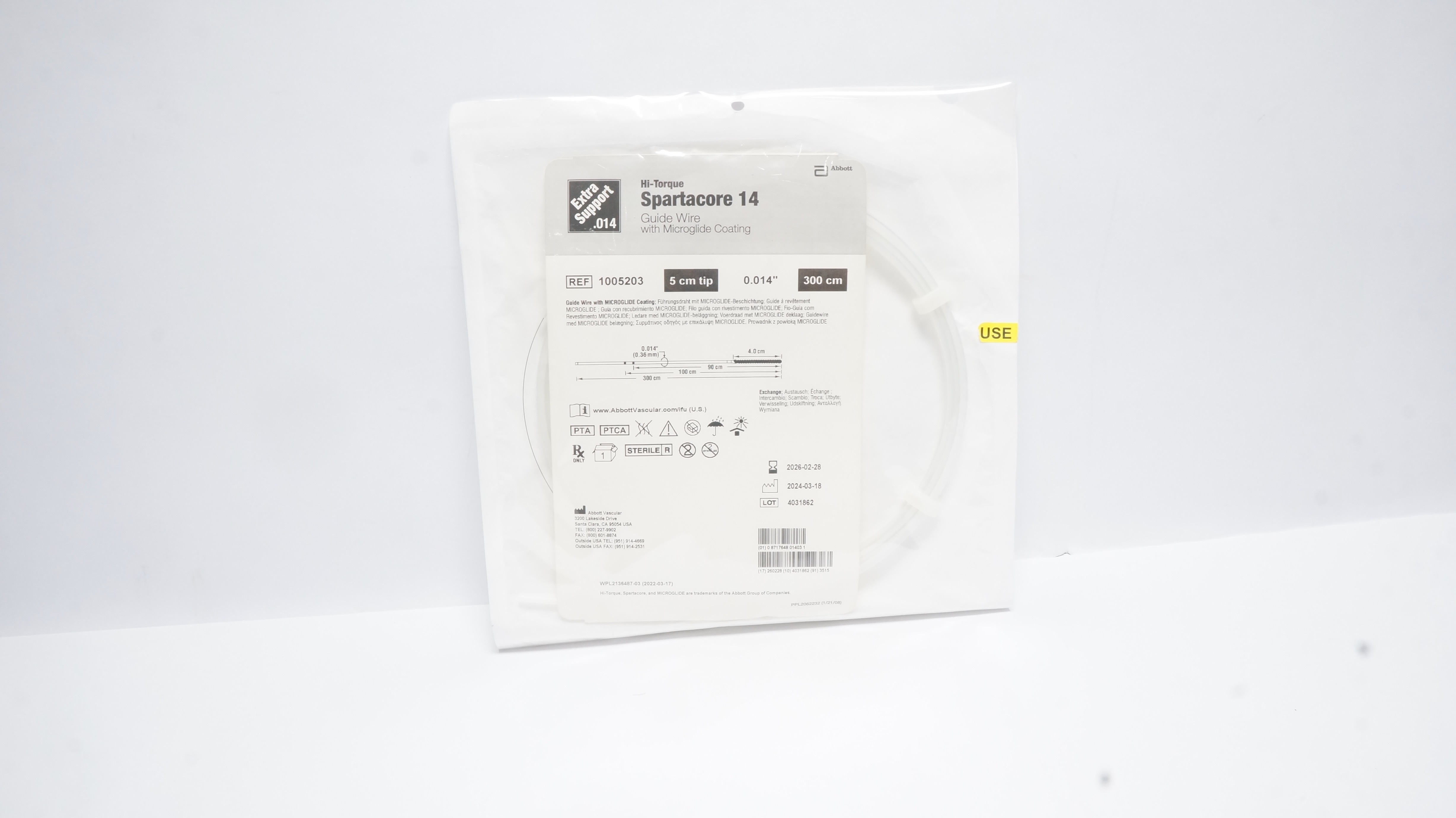 Abbott 1005203 Hi-Torque Spartacore 14 Guide Wire 5cm x 0.014inch x 300cm (x)
