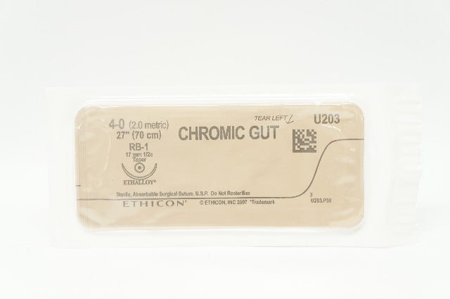 Ethicon U203 4-0 CHROMIC GUT Surgical Stre RB-1 17mm 1/2c Taper 27inch