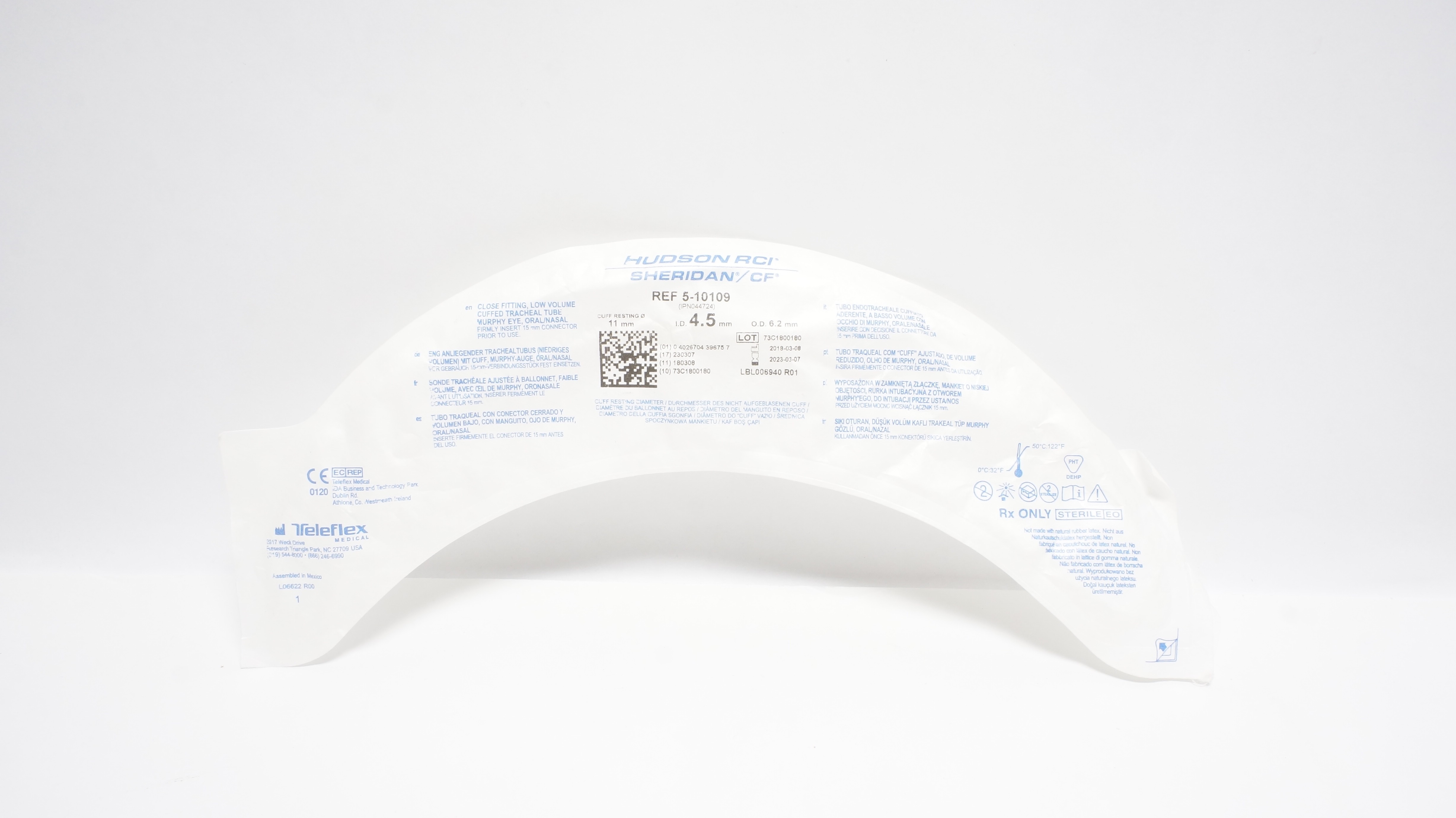 Teleflex 5-10109 Hudson RCI Sheridan Uncuffed Tracheal Tube 4.5IDx6.2ODx11mm(x)