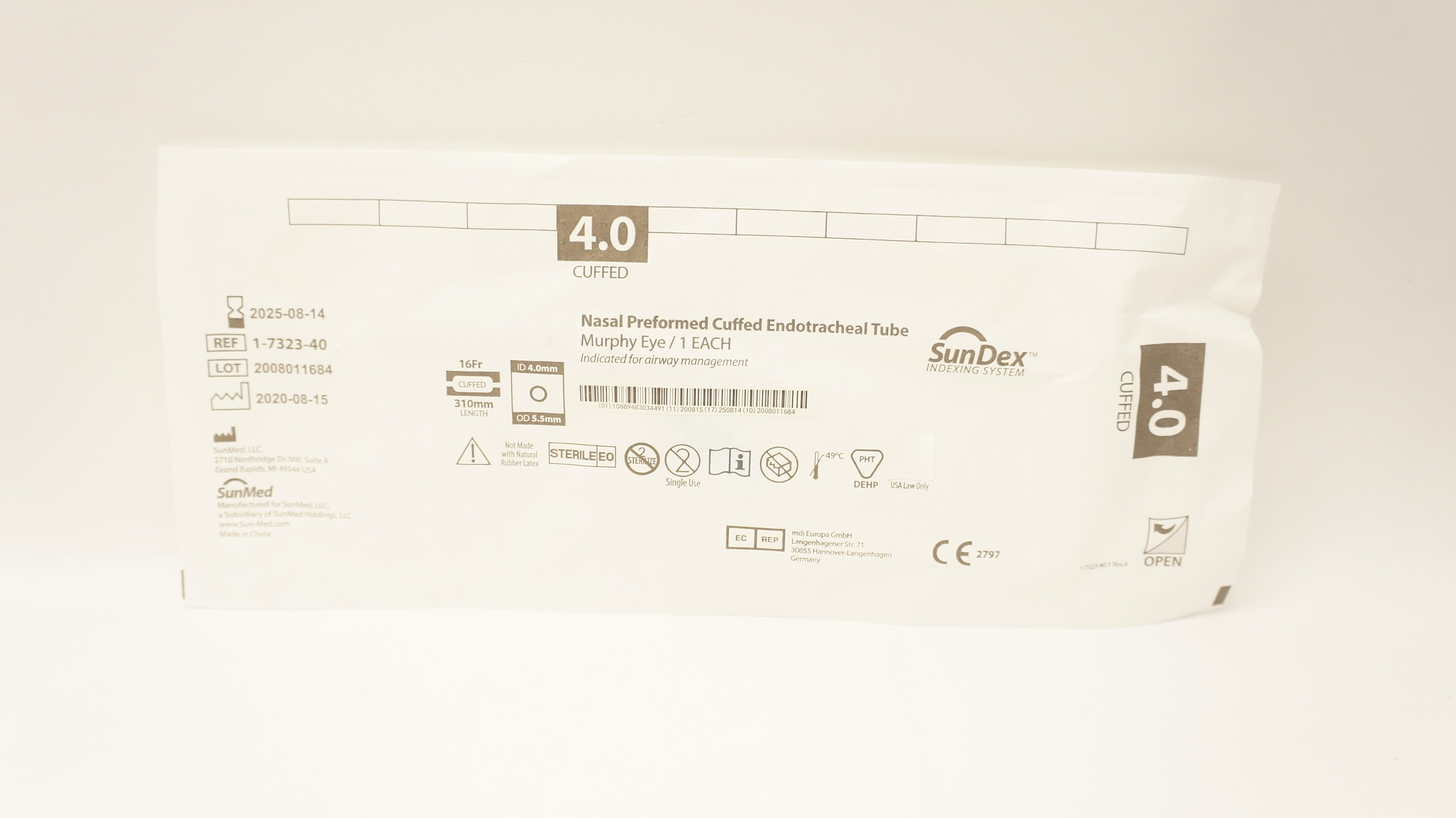 SunMed 1-7323-40 SunDex Nasal Preformed Cuffed Endotracheal Tube 16F x 310mm