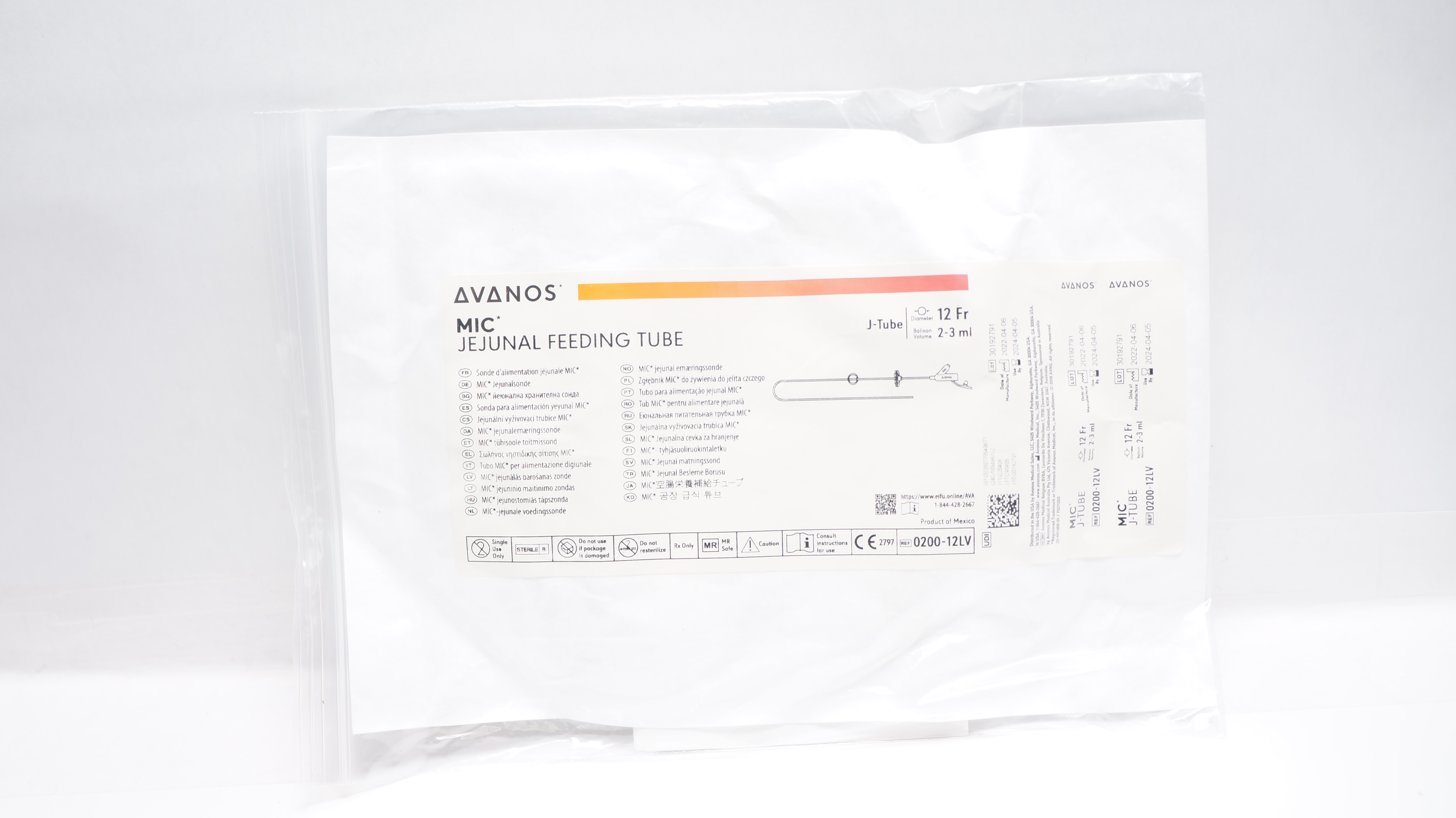 Avanos 0200-12LV MIC Jejunal Feeding Tube J-Tube 12Fr x 2-3ml