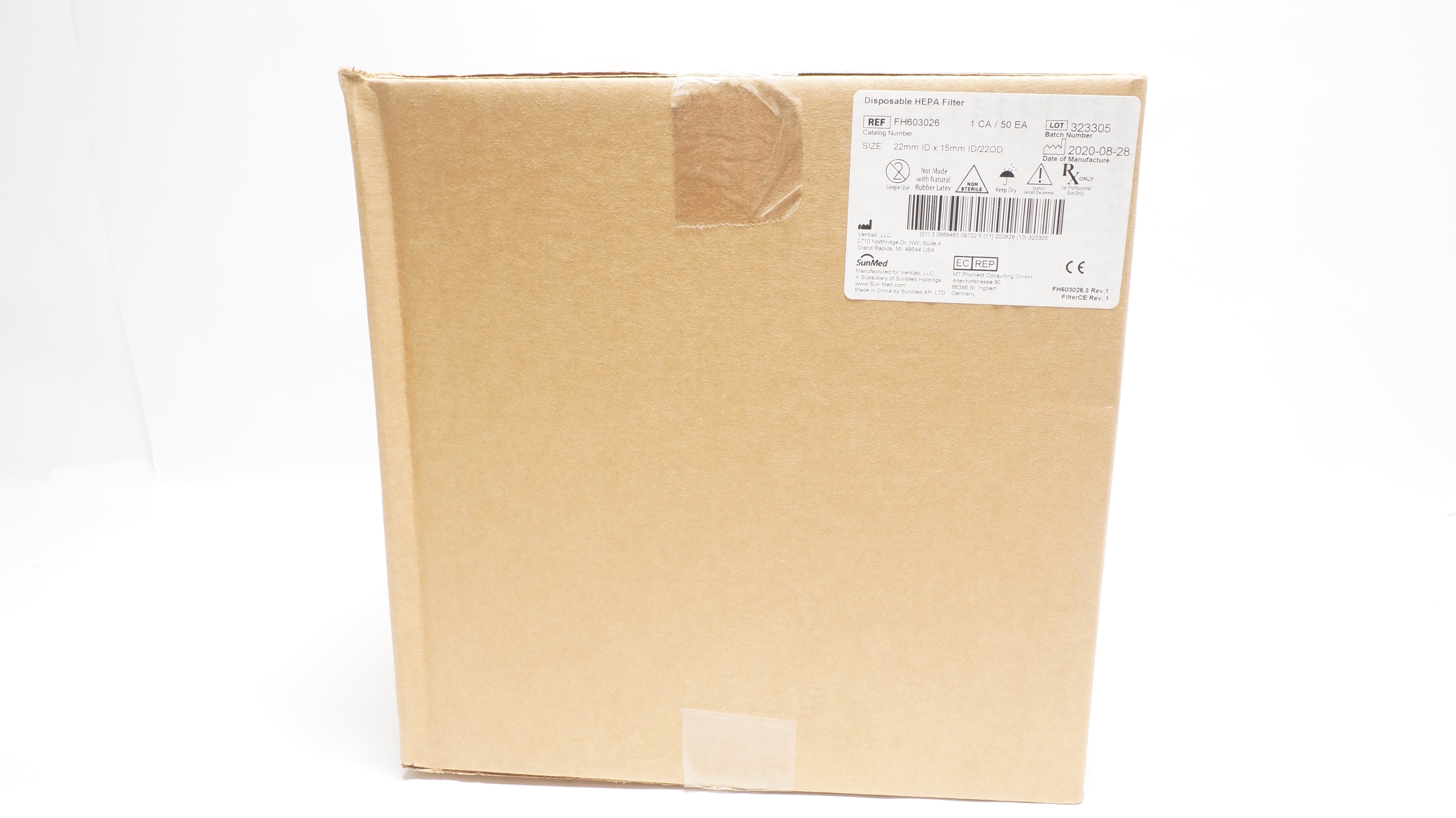 SunMEd FH603026 Disposable HEPA FIlter 22mm ID x 15mm ID/22OD - Box of 50