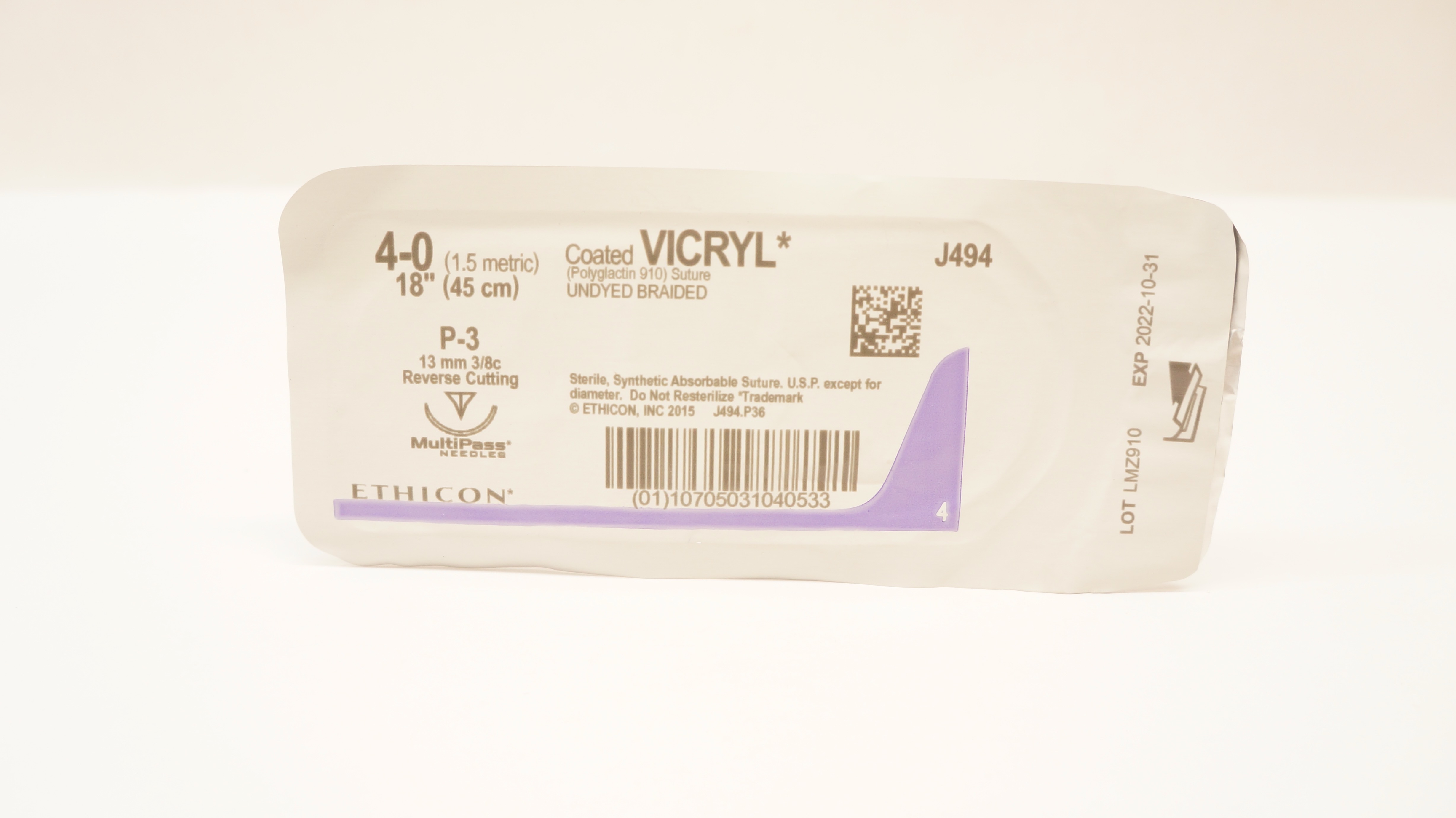 Ethicon J494 4-0 Coated VICRYL P-3 13mm 3/8c Reverse Cutting, 18inch (x)