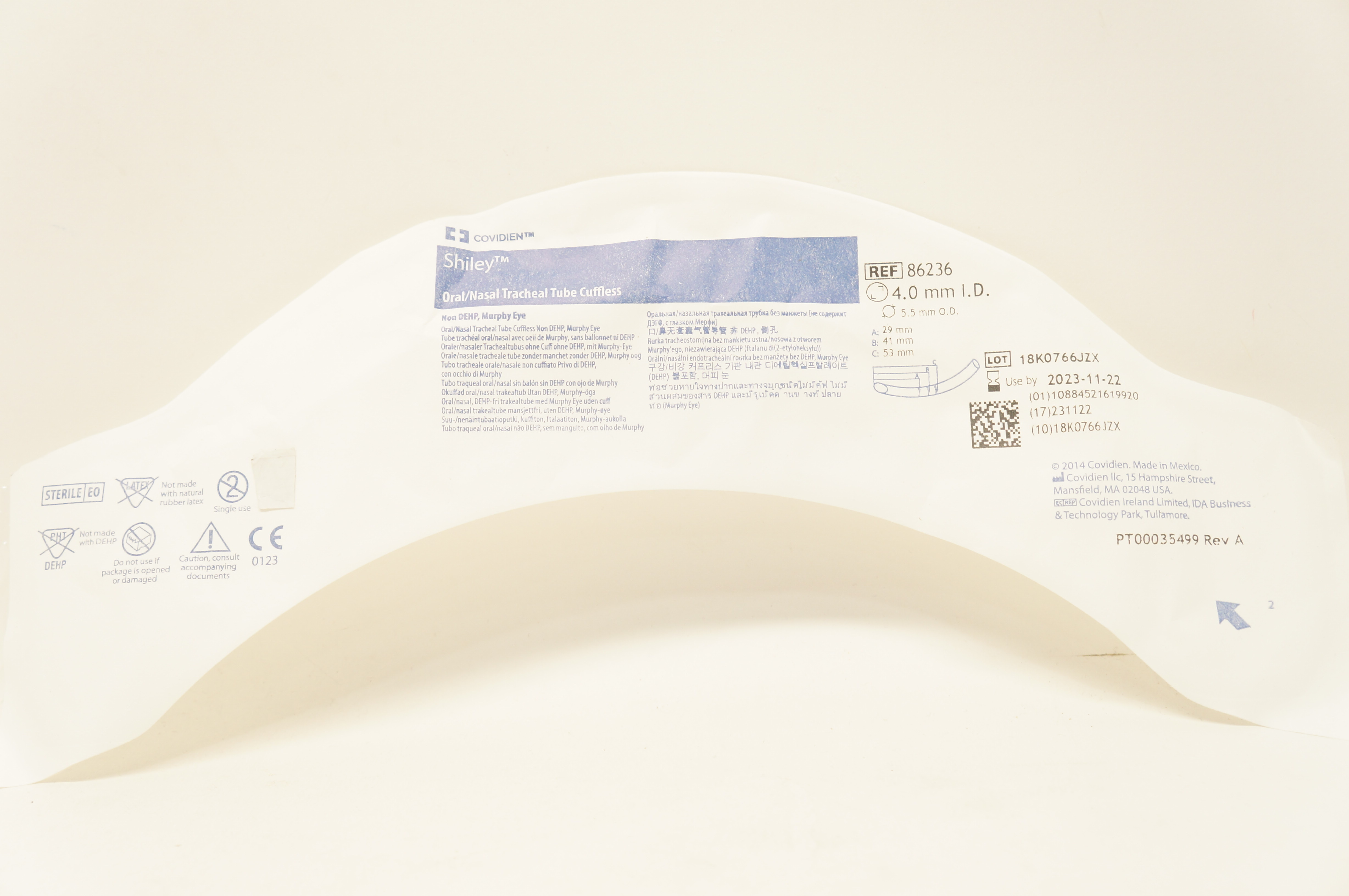 Covidien 86236 Shiley Oral/Nasal Tracheal Tube Cuffless 4.0m ID x 5.5mm OD