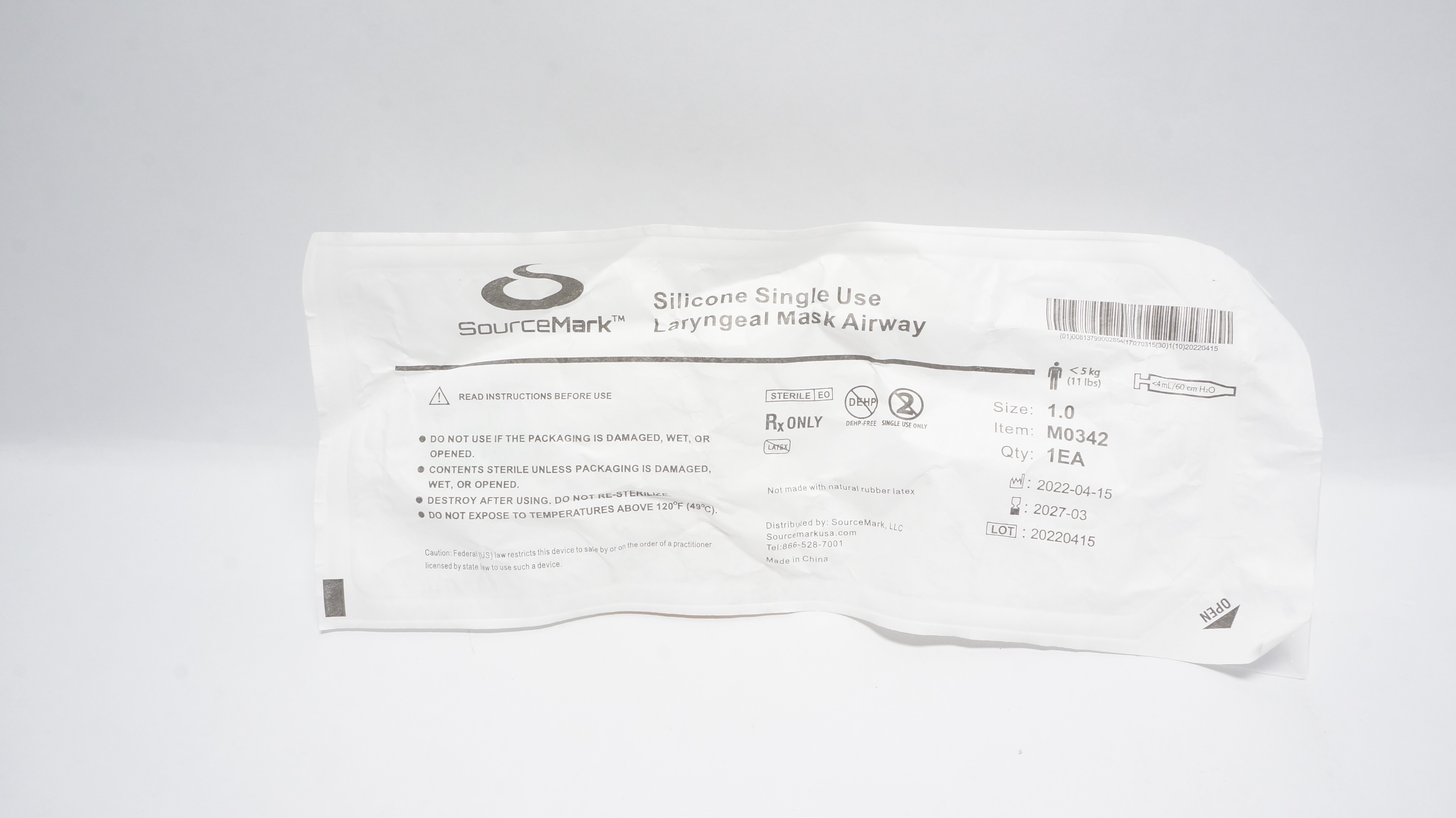 SourceMark Medical M0342 Laryngeal Mask Airway Size 1.0, <11lbs <4mL/60cmH2O