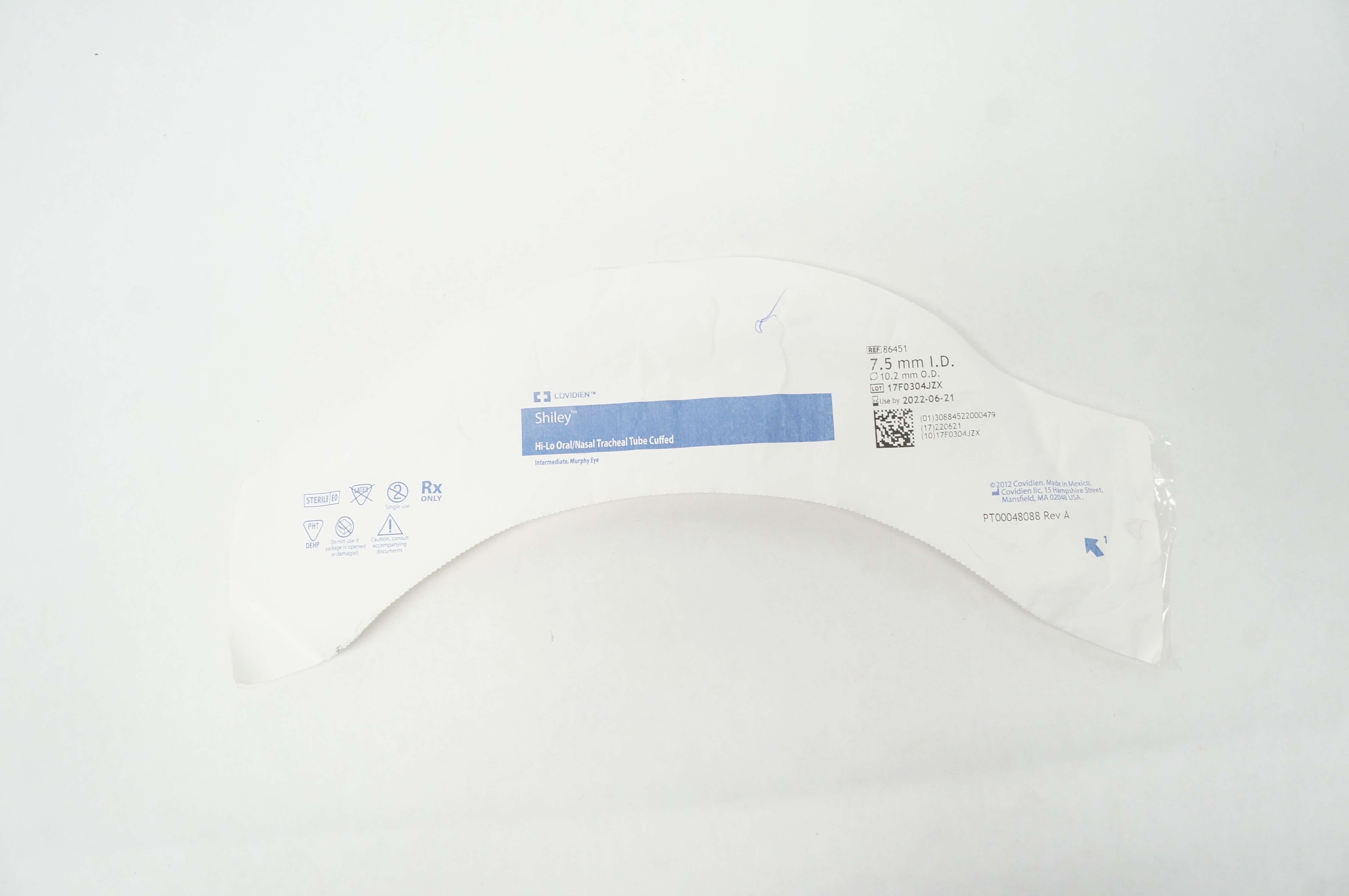 Covidien 86451 Shiley Hi-Lo Oral/Nasal Tracheal Tube Cuffed 7.5mm x 10.2mm (x)
