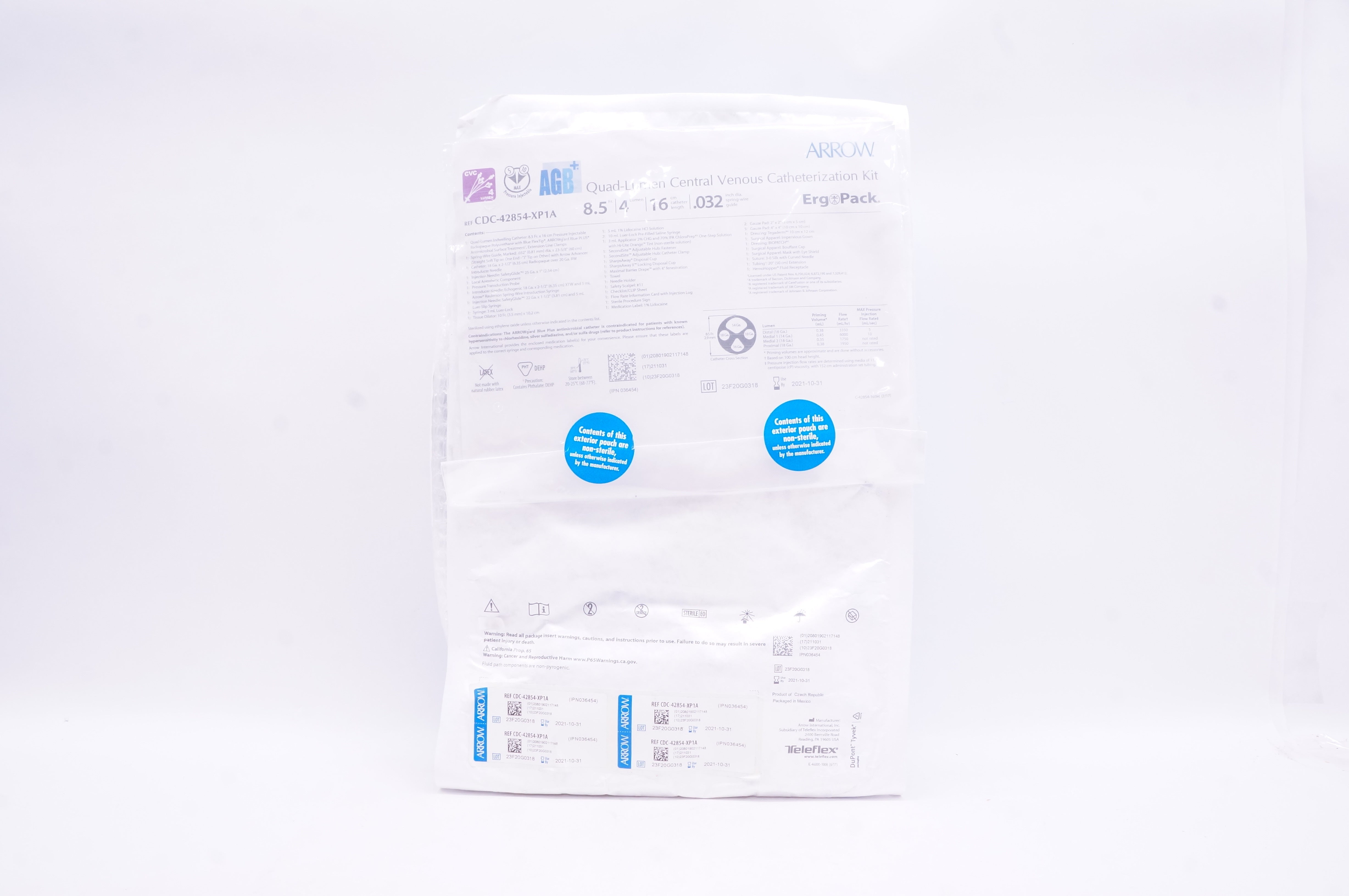 Arrow CDC-42854-XP1A Quad-Lumen Central Venous Catheterization Kit 8.5 Fr.