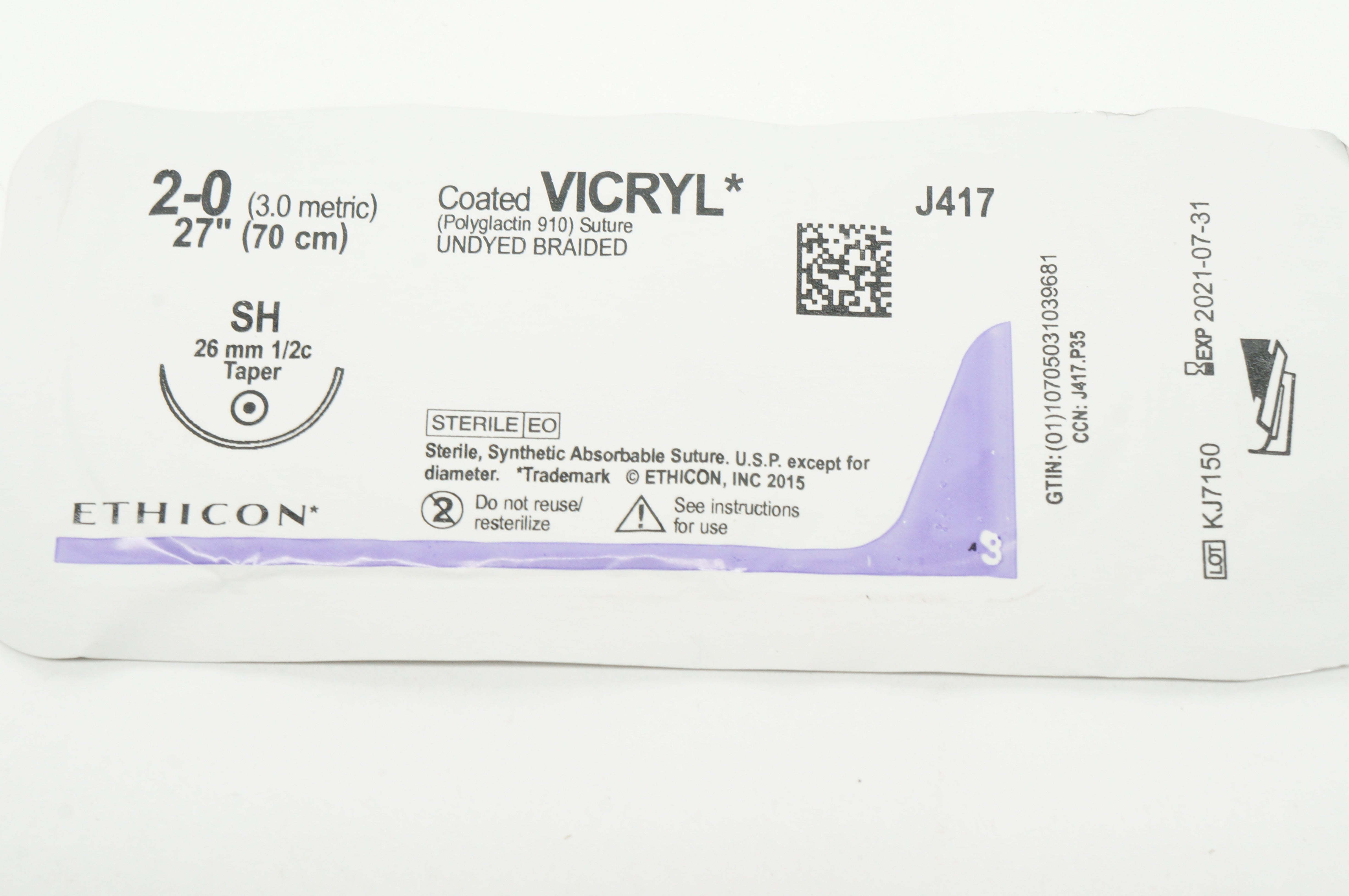 Ethicon J417 2-0 Coated VICRYL Polyglactin Stre SH 26mm 1/2c Taper, 27inch (x)