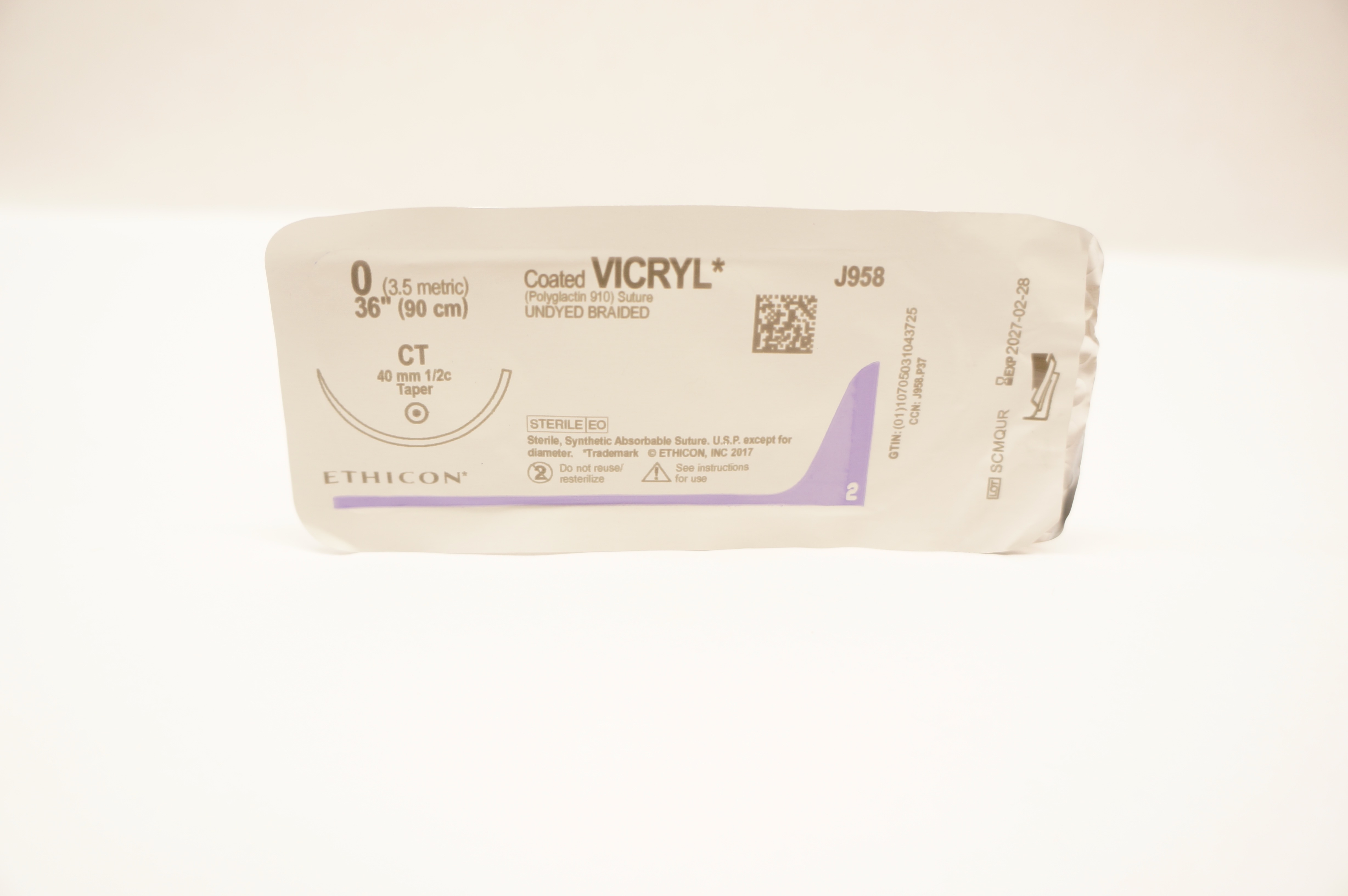 Ethicon J958 0 Coated VICRYL Polyglactin Stre CT 40mm 1/2c Taper, 36inch