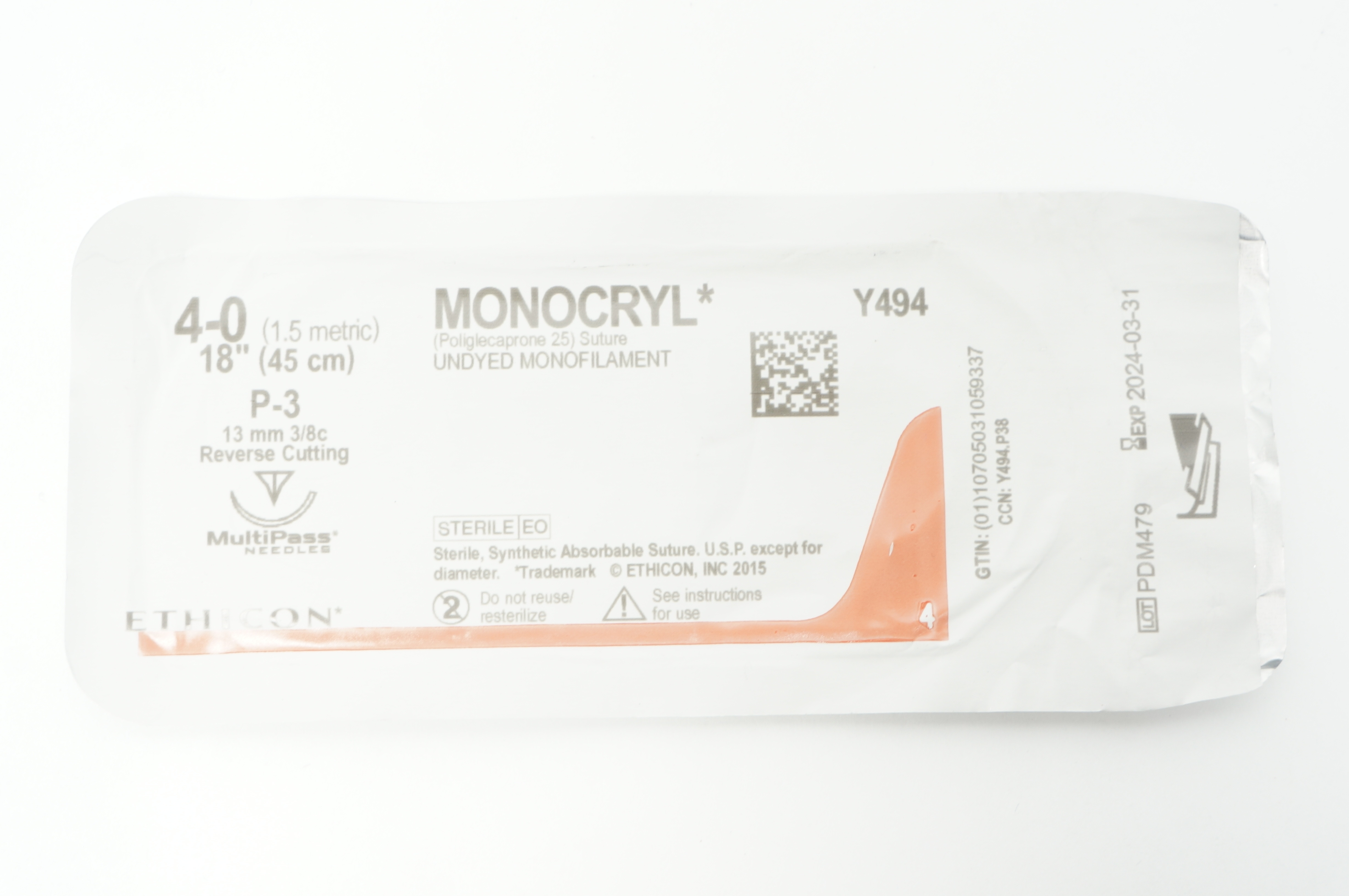Ethicon Y494 4-0 MONOCRYL Undyed P-3 13mm 3/8c Reverse Cutting, 18inch