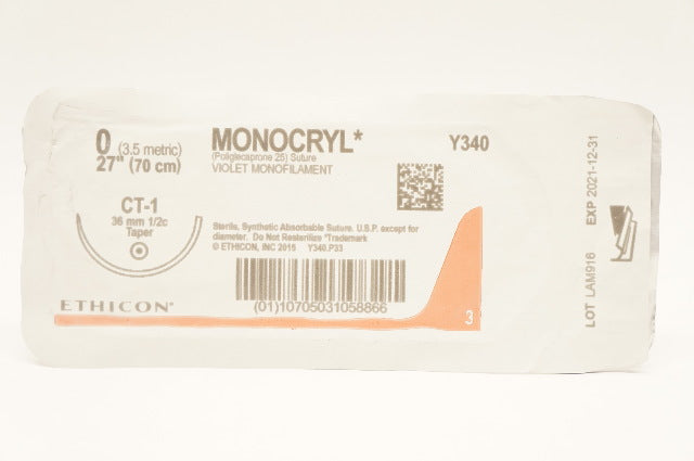 Ethicon Y340 0 MONOCRYL Violet Monofilament Taper CT-1 1/2 36mm 27inch (x)