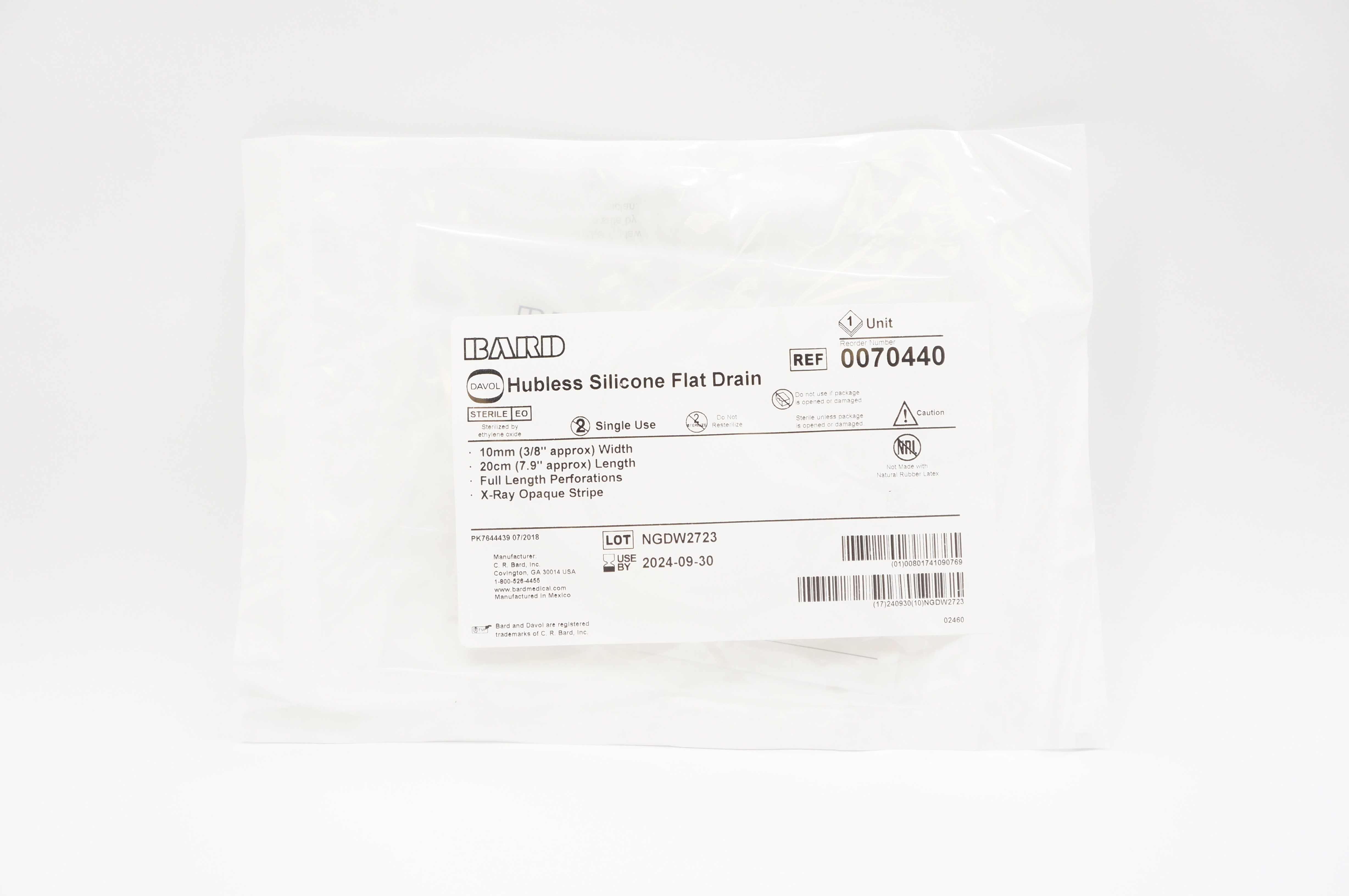 Bard 0070440 Hubless Silicone Flat Drain, Full Lenght Perforations 3/8inch x 7.9inch