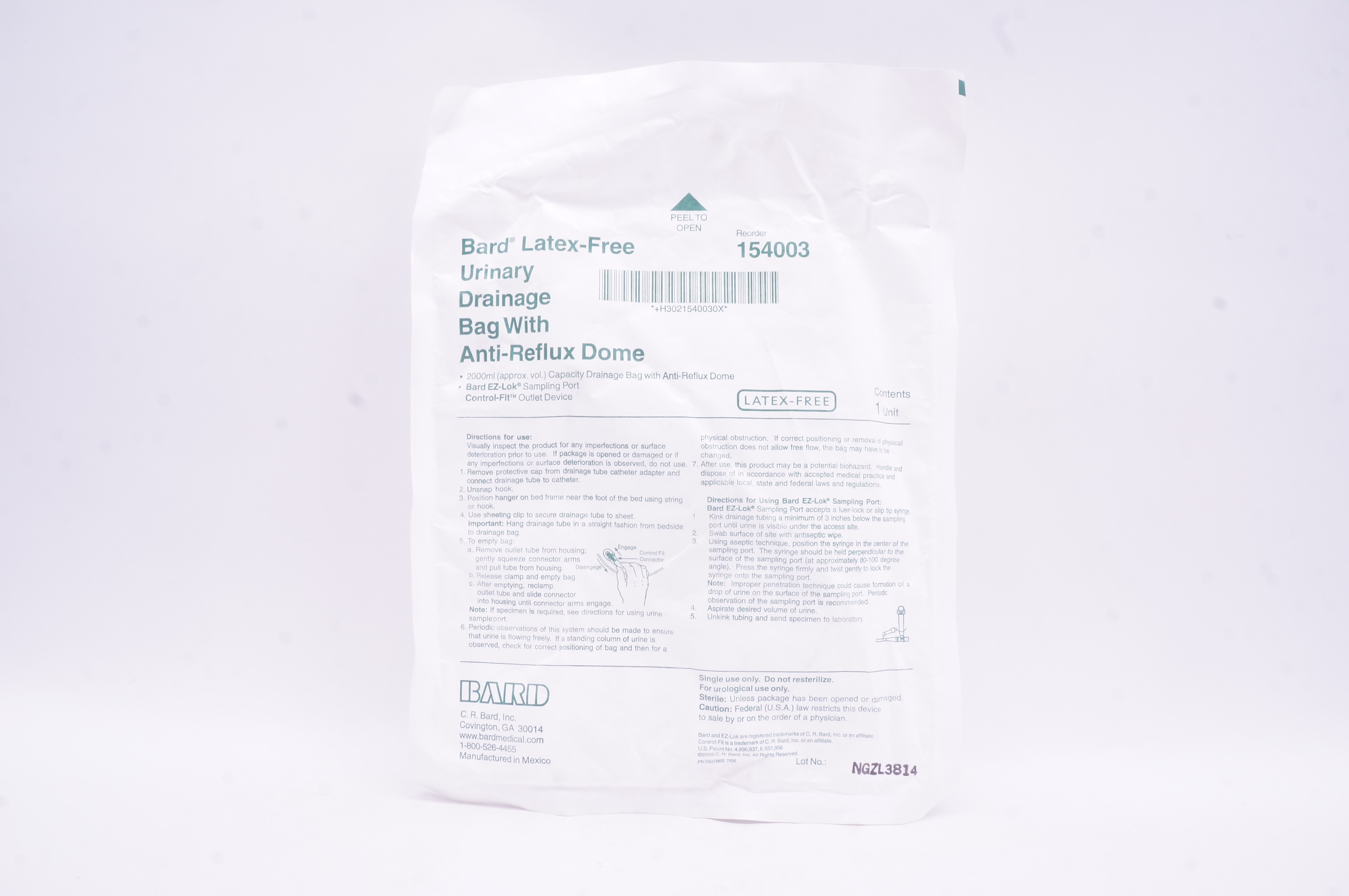 Bard 154003 Urinary Drainage Bag with Anti-Reflux Dome 2000 ml (approx. vol.)