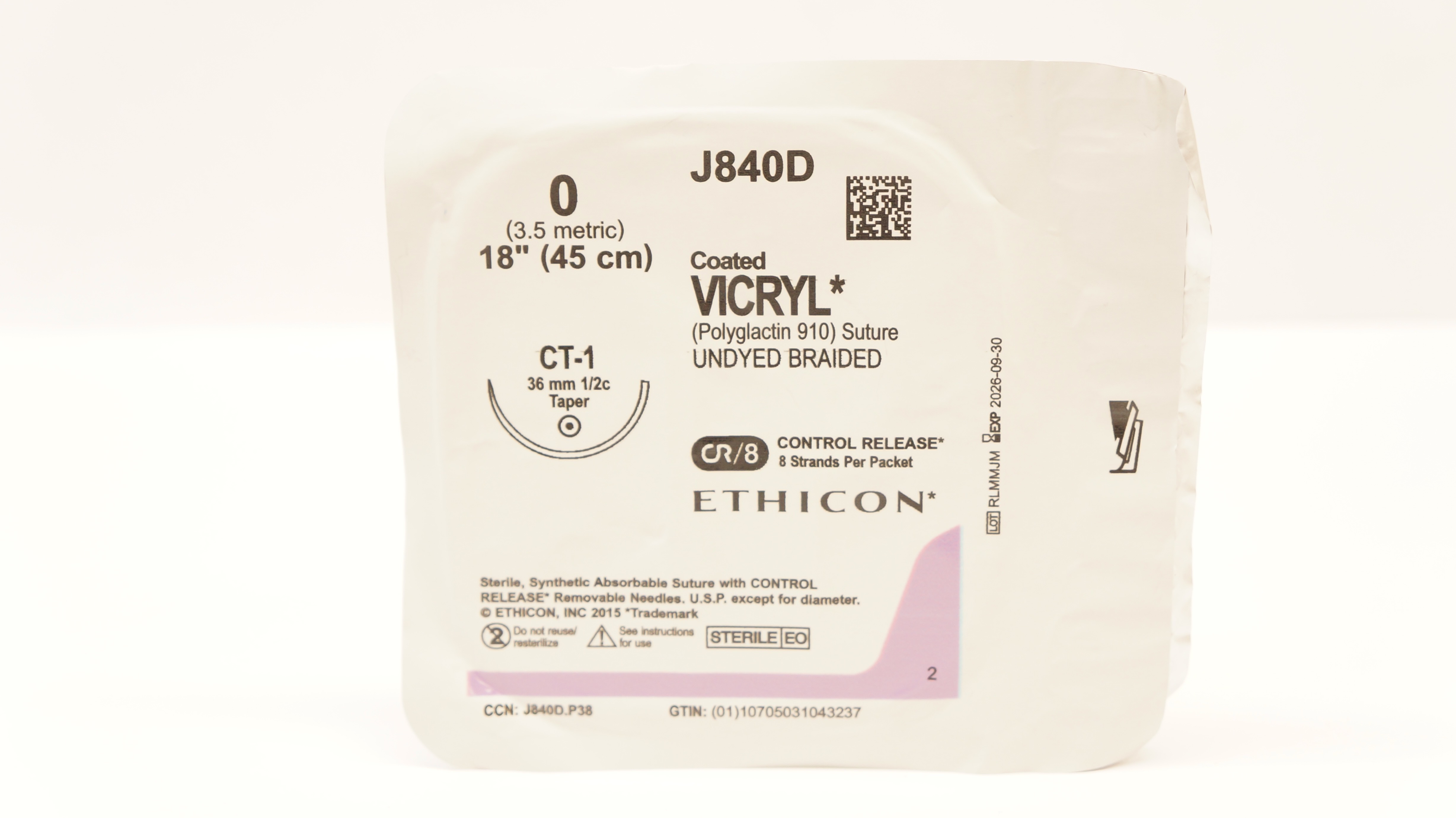 Ethicon J840D 0 Coated VICRYL Polyglactin 910 Stre CT-1 36mm 1/2c Taper, 18inch
