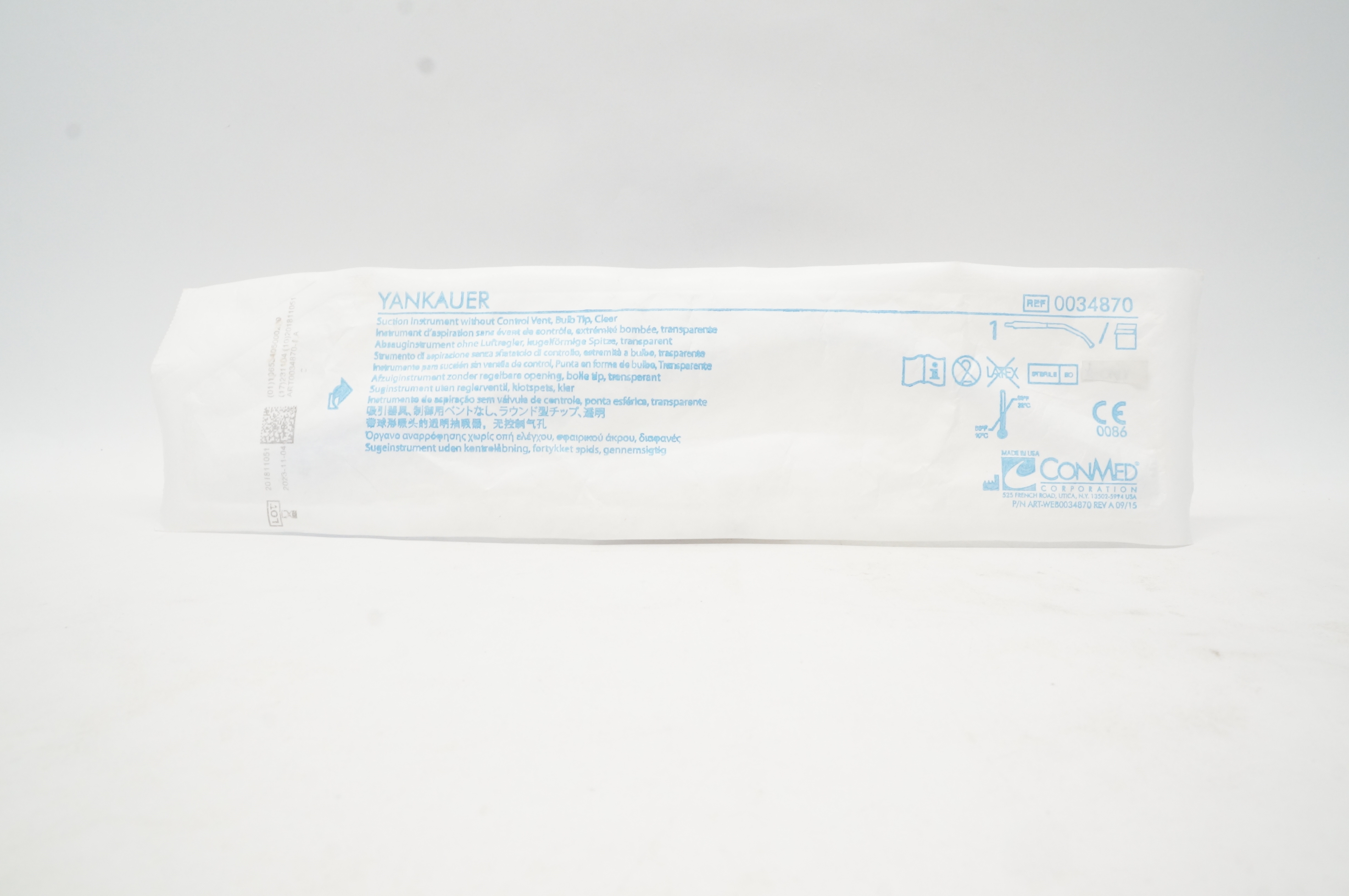 ConMed 0034870 YANKAUER Suction Instrument without Control Vent Bulb Tip Clear