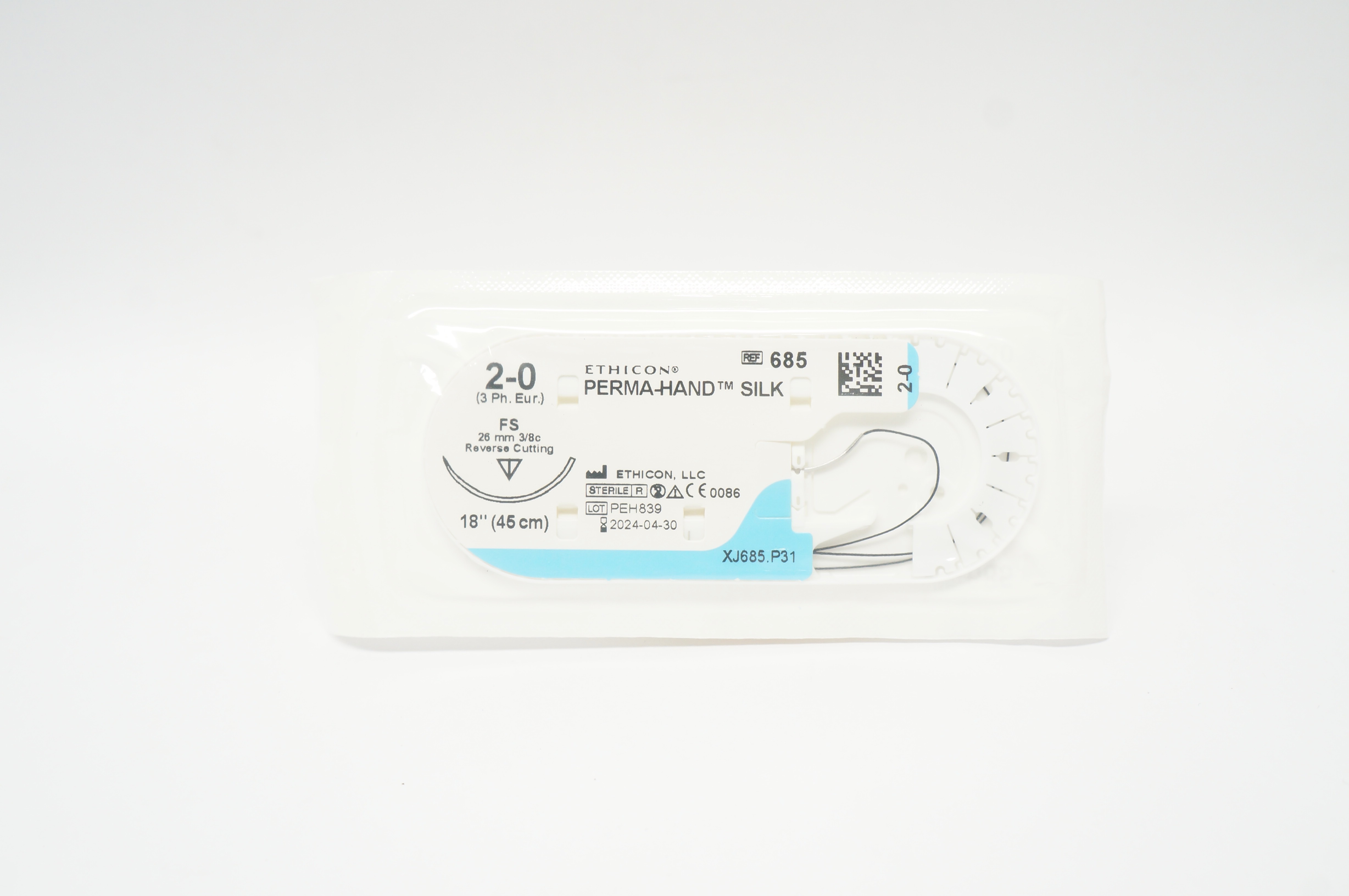 Ethicon 685 2-0 Perma-Hand Silk FS 26mm 3/8c Reverse Cutting, 18inch