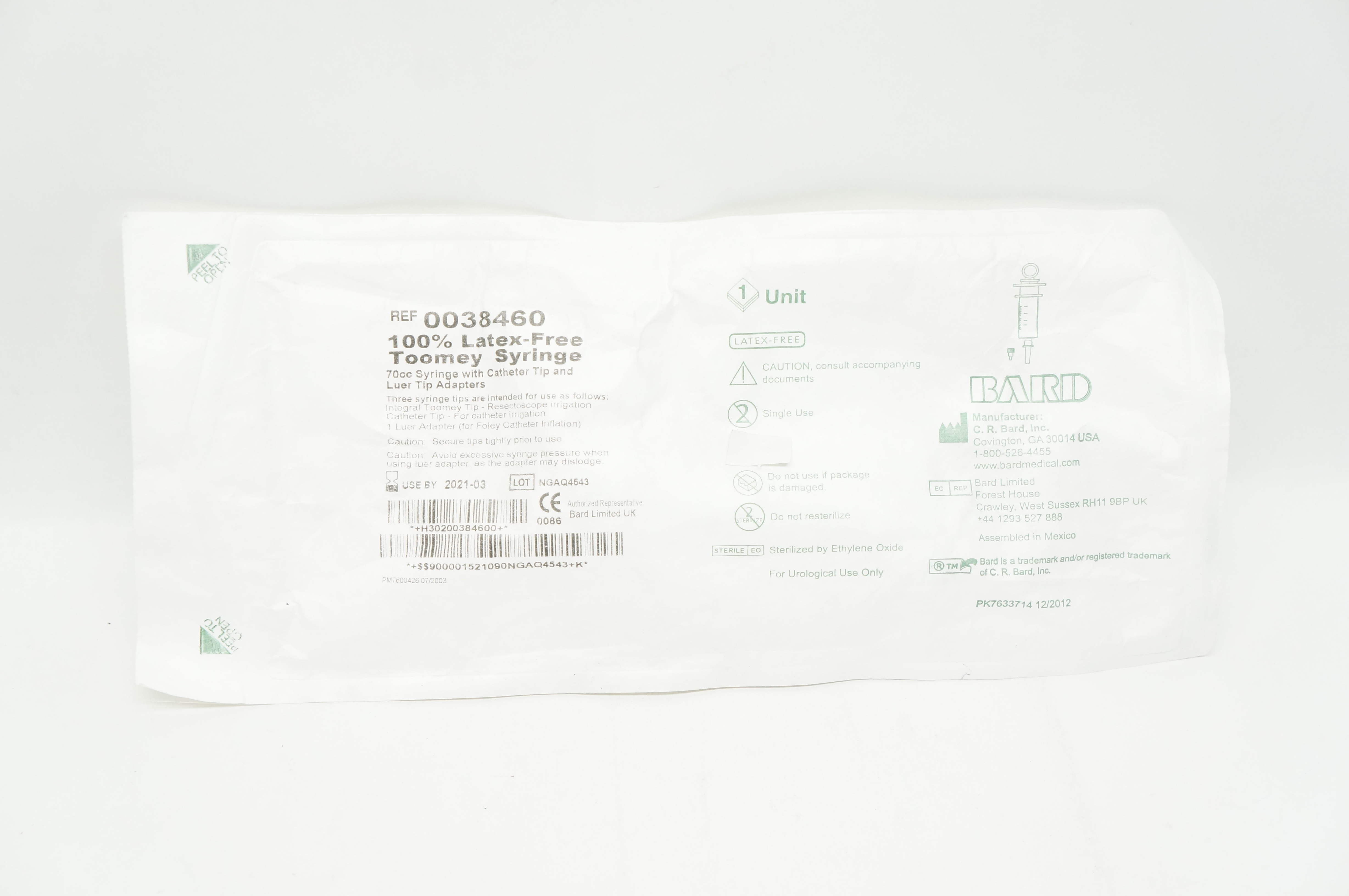 Bard 0038460 Toomey Syringe 70cc With Cath. Tip & Luer Tip Adapters (x)