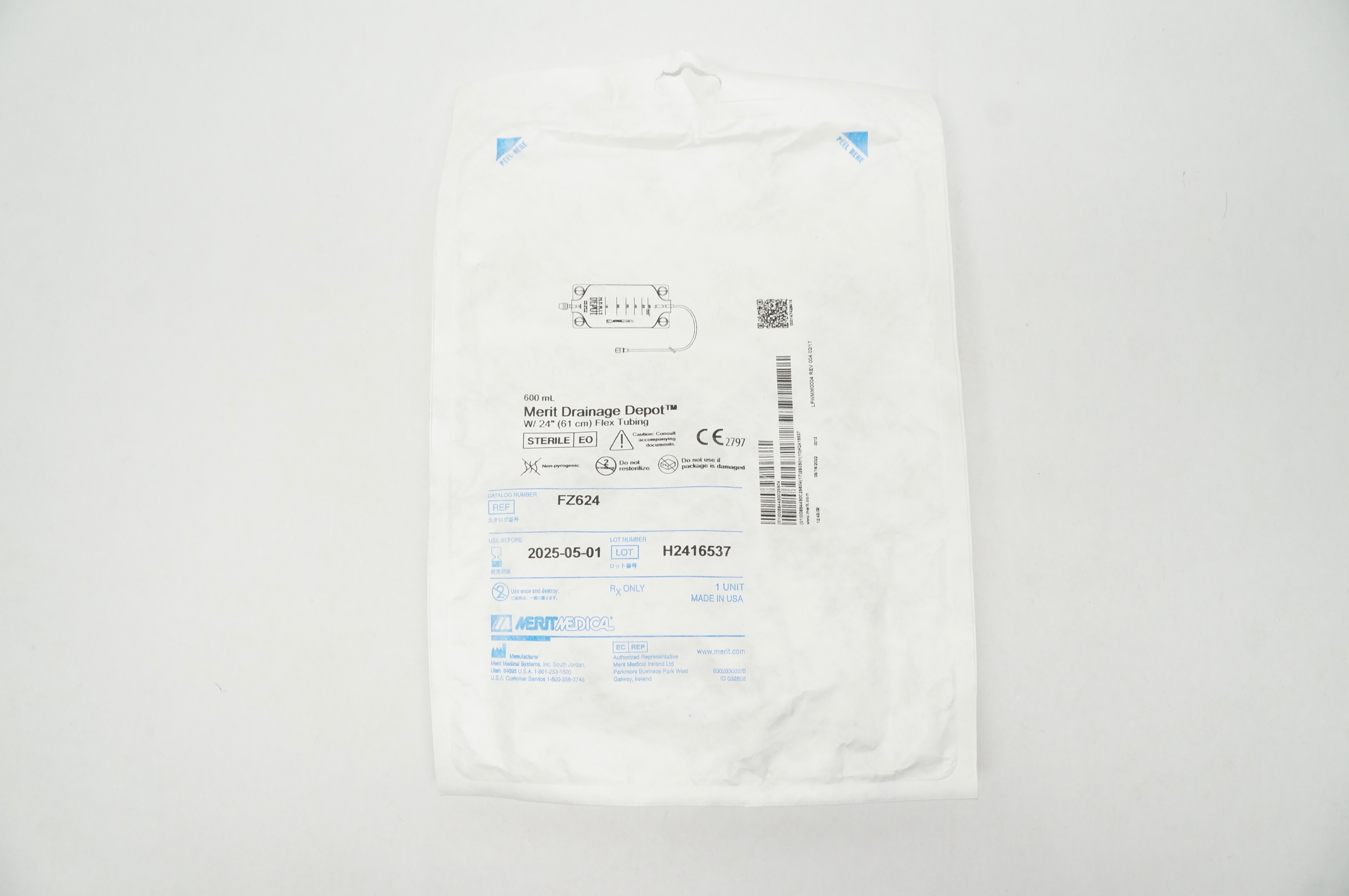 Merit Medical FZ624 Drainage Depot 600ml with 24 inch Flex Tubing