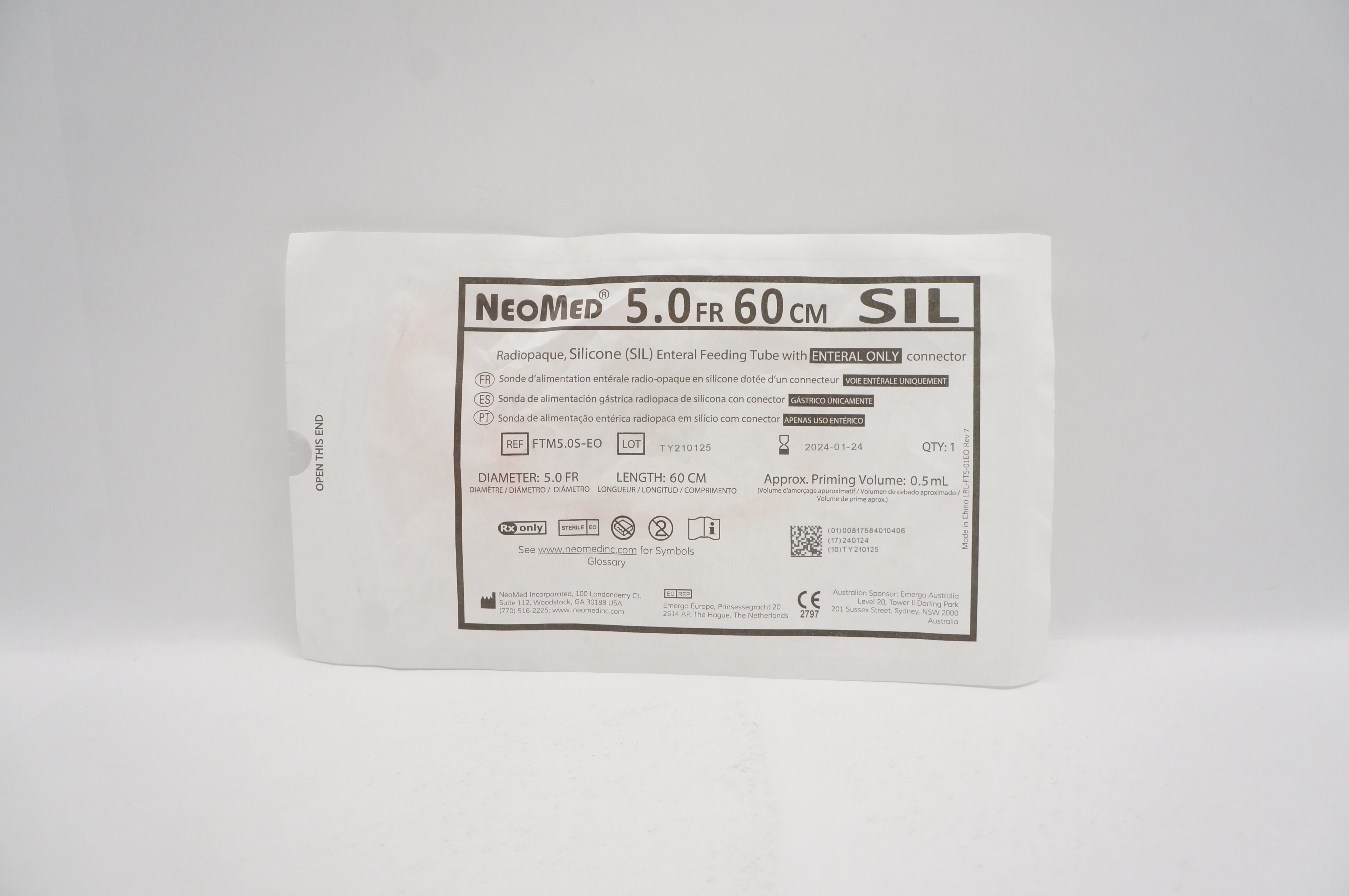 NeoMed FTM5.OS-EO Silicone Feeding Tube with Connector 5.0Fr x 60cm