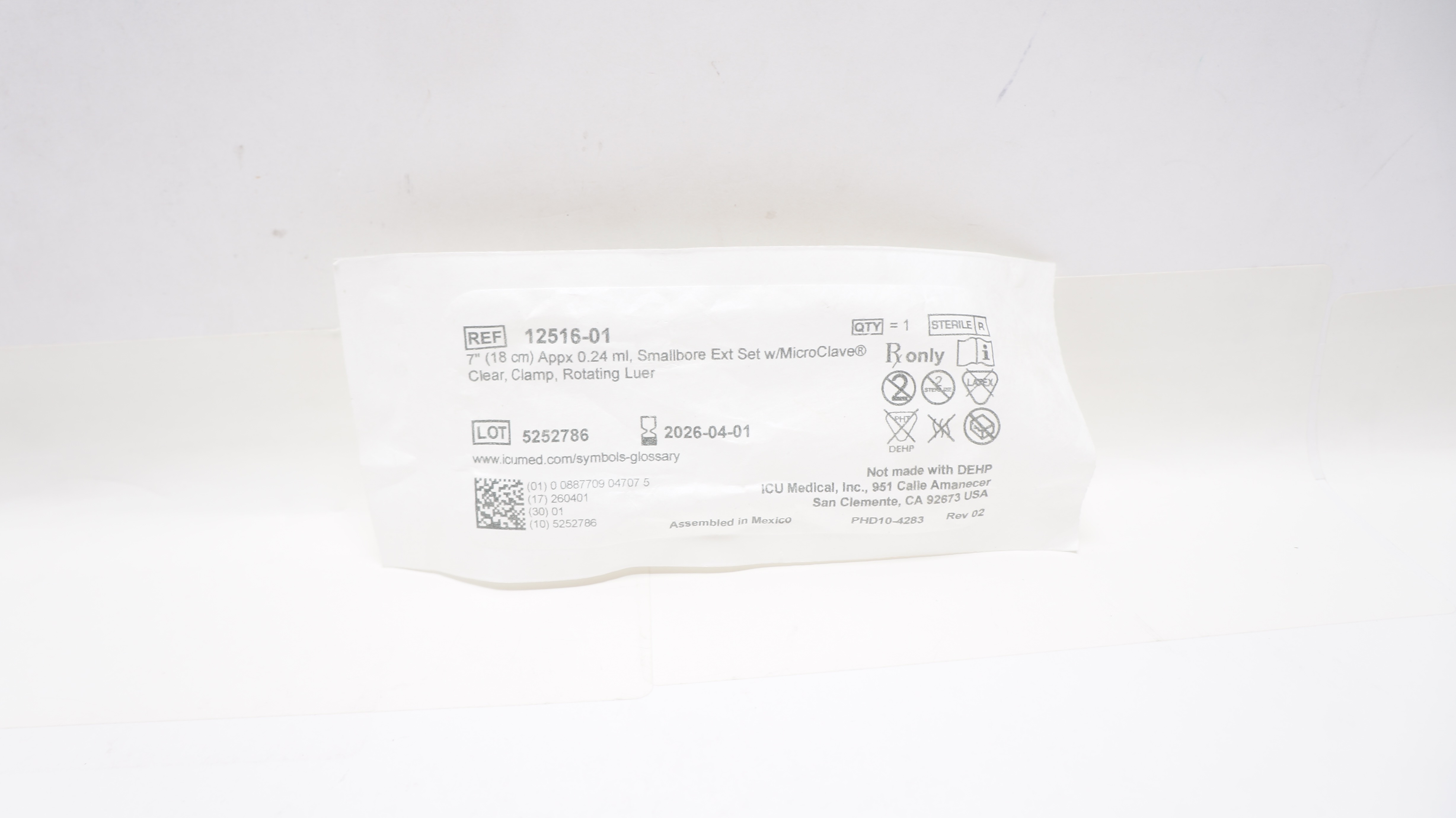 ICU Medical 12516-01 Smallbore Pressure Infusion Extension Set 7 inch x 0.24ml