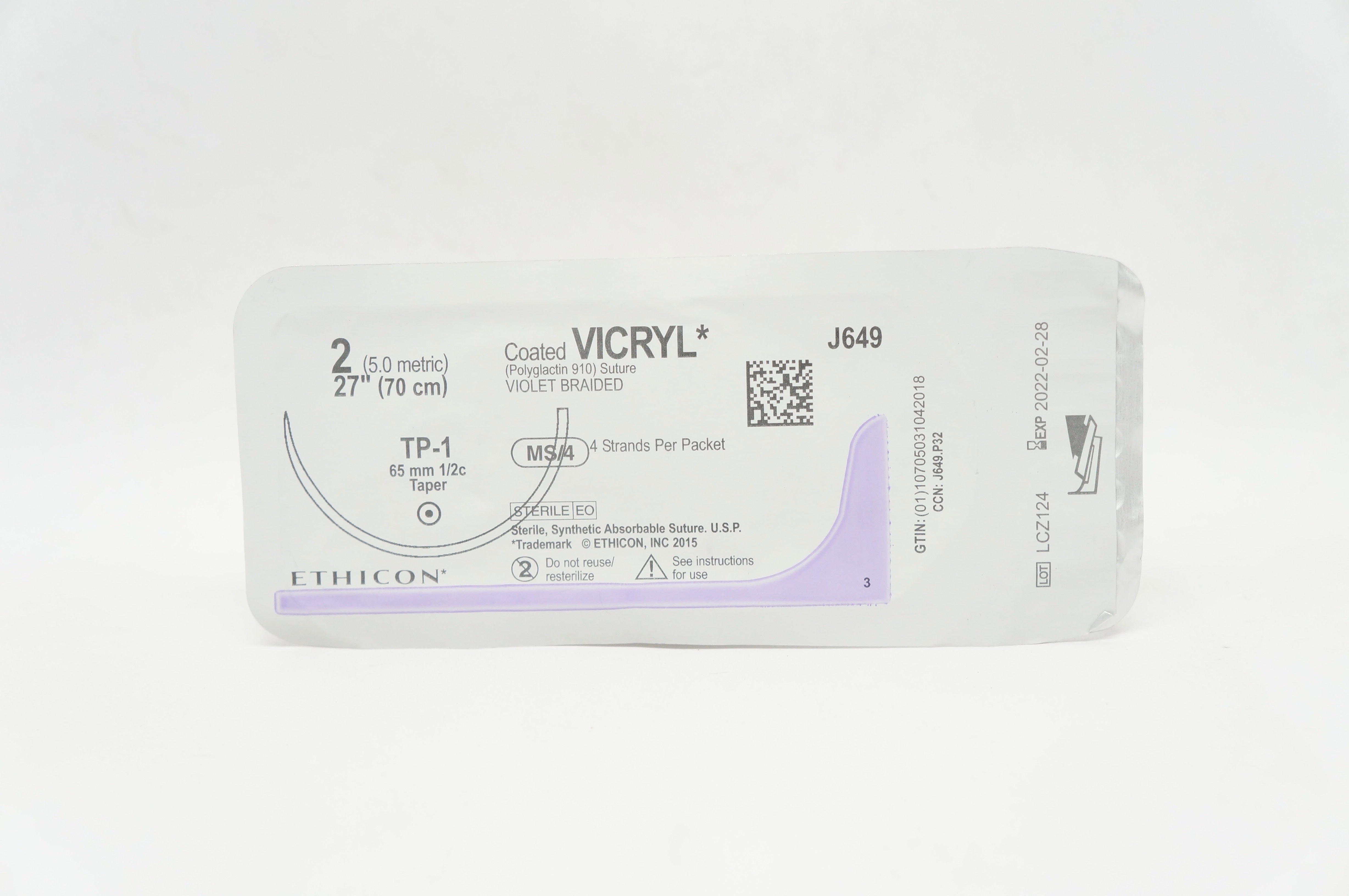Ethicon J649 2 Coated VICRYL Polyglactin 910 Stre TP-1 65mm 1/2c Taper 27inch(x)