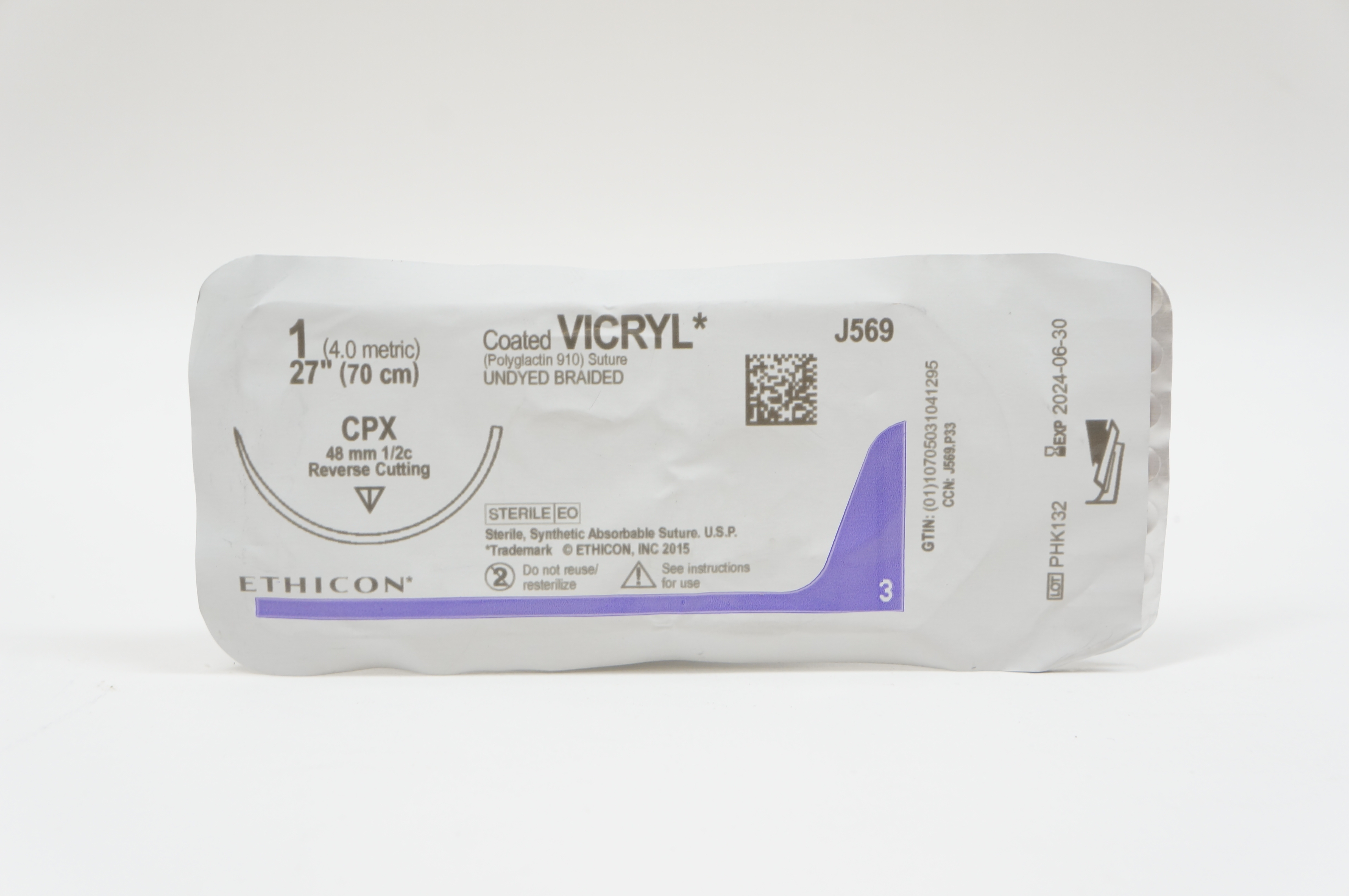 Ethicon J569 1 VICRYL, CPX, 48mm 1/2c Reverse Cutting, 27inch