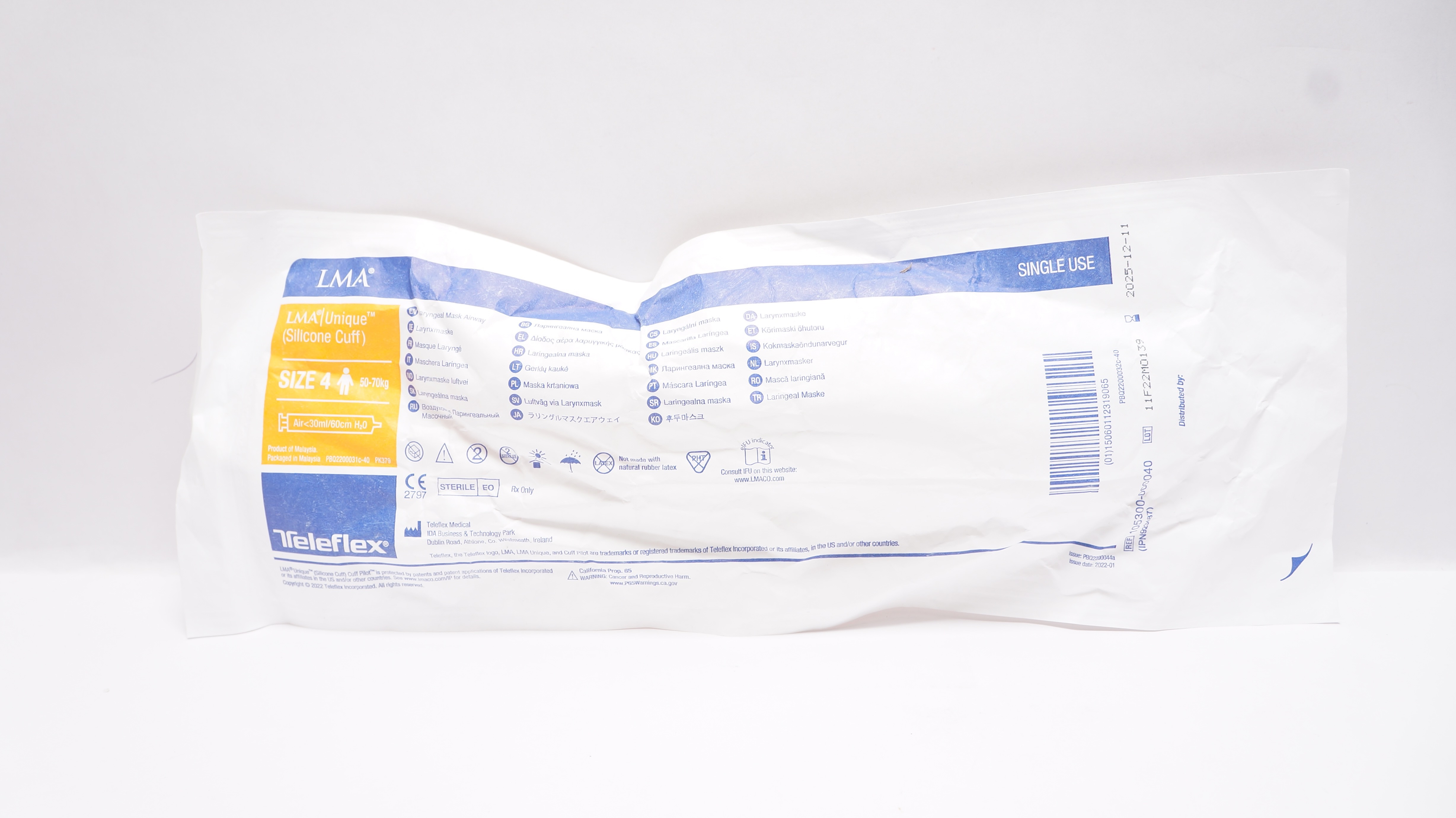 Teleflex 105300-000040 Laryngeal Mask Airway, Size 4 50-70kg <30mL/60cm H2O