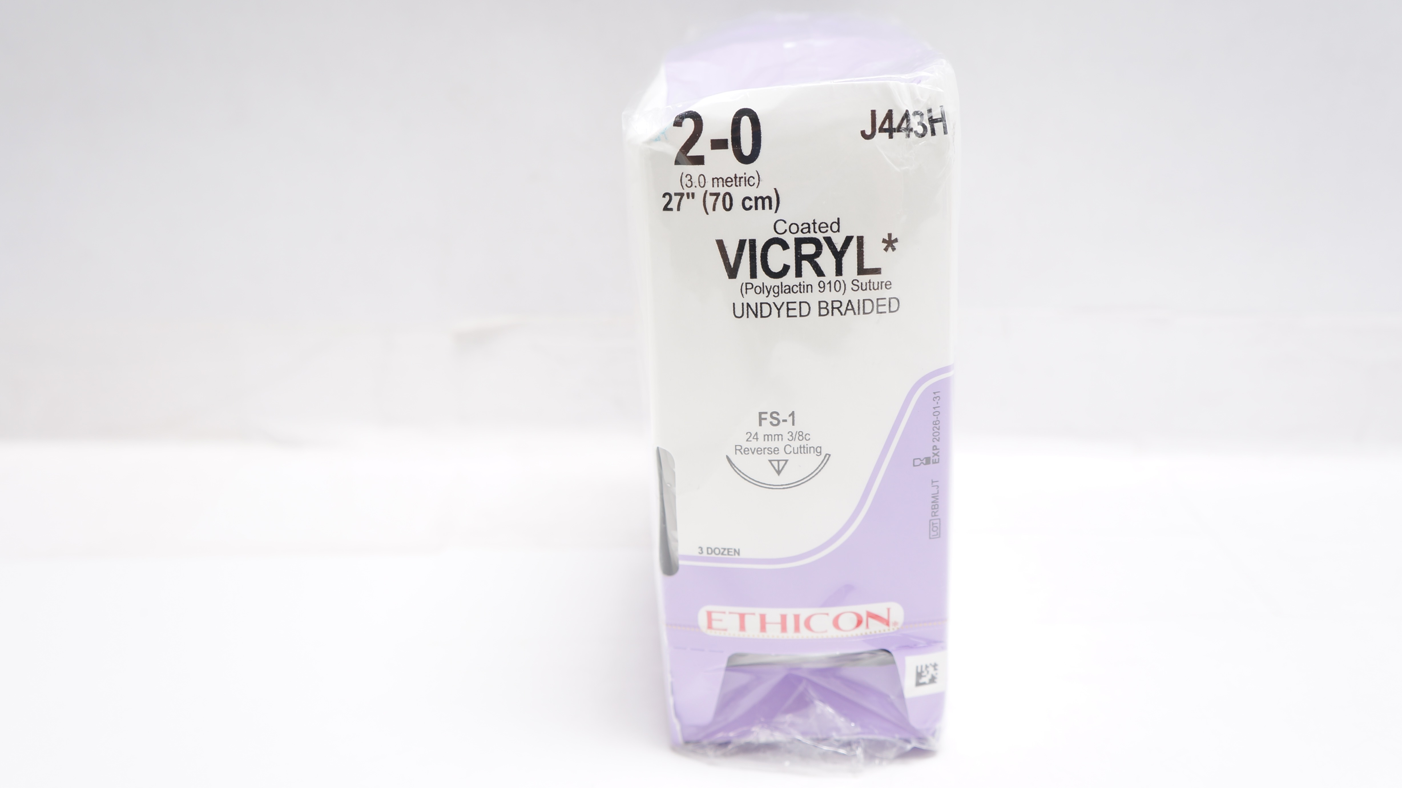 Ethicon J443H 2-0 VICRYL Stre FS-1 24mm 3/8c Reverse Cutting, 27inch - Box of 36
