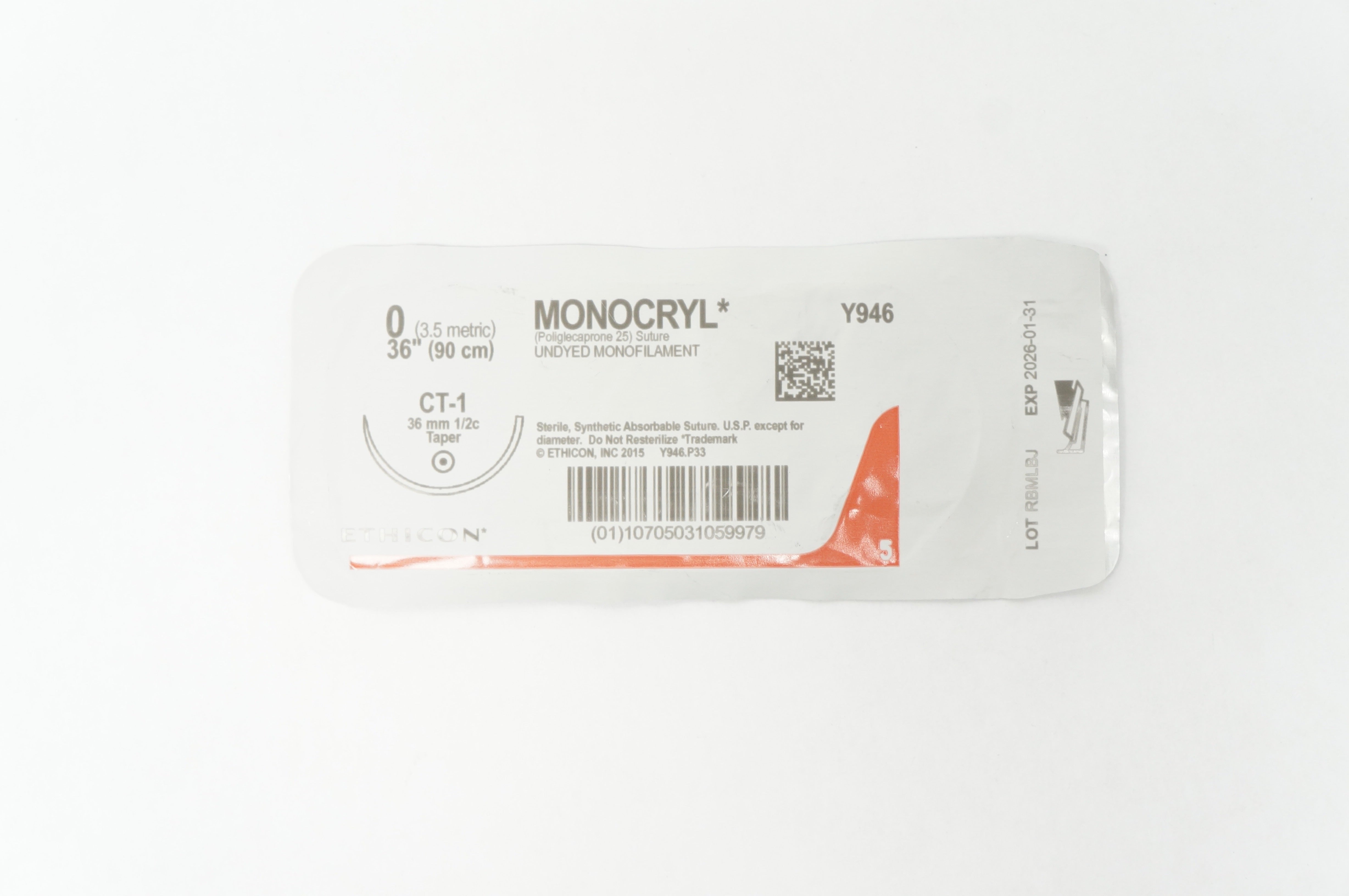 Ethicon Y946 0 MONOCRYL,  Undyed Monofilament, CT-1, 36mm 1/2c Taper, 36inch