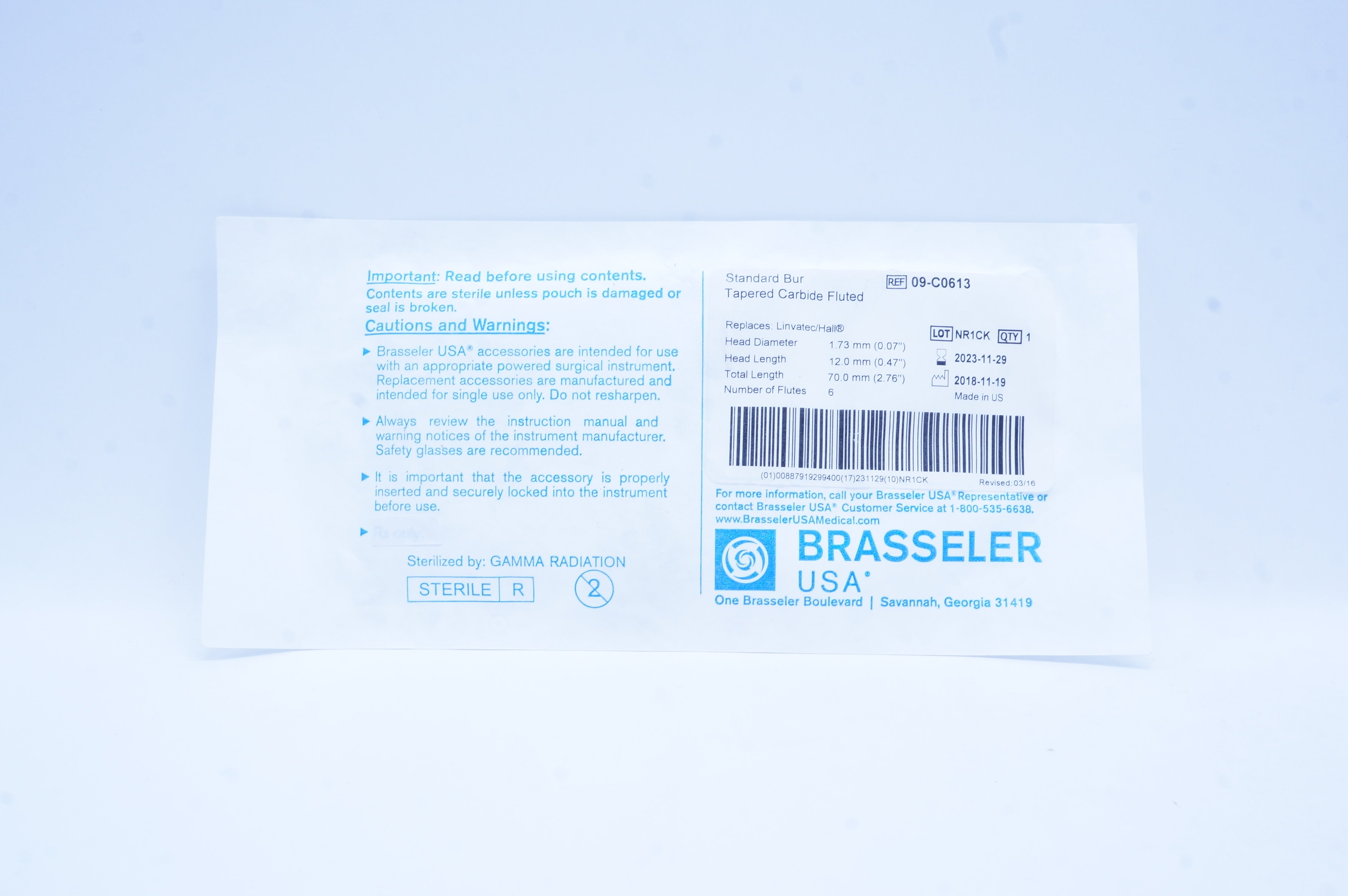 Brasseler 09-C0613 Standard Bur Tapered Carbide Fluted 0.07 x 0.47 x 2.76 inch
