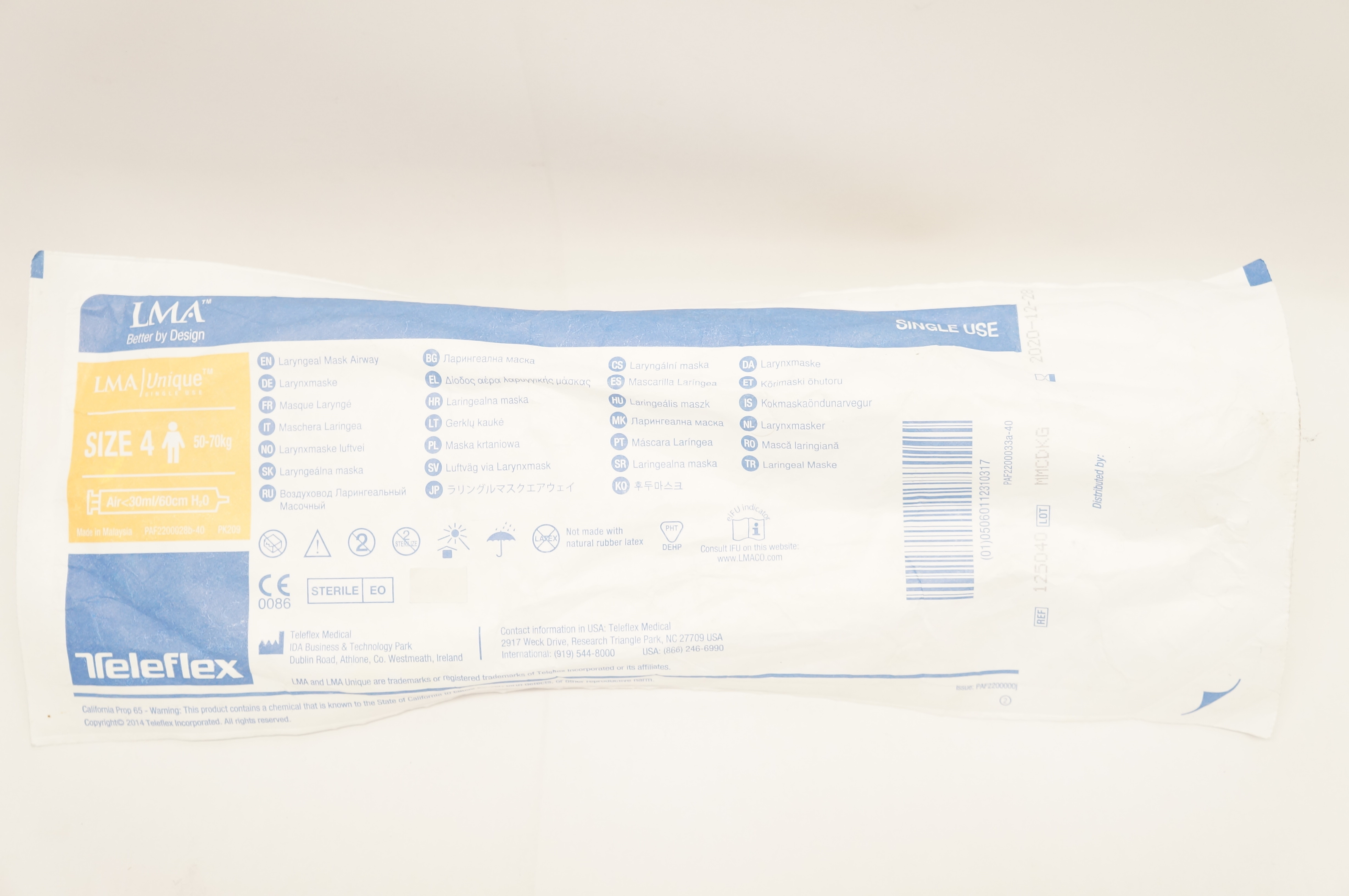 Teleflex 125040 LMA Laryngeal Mask Airway, Size 4 50-70kg Air <30ml/60cm H2O (x)