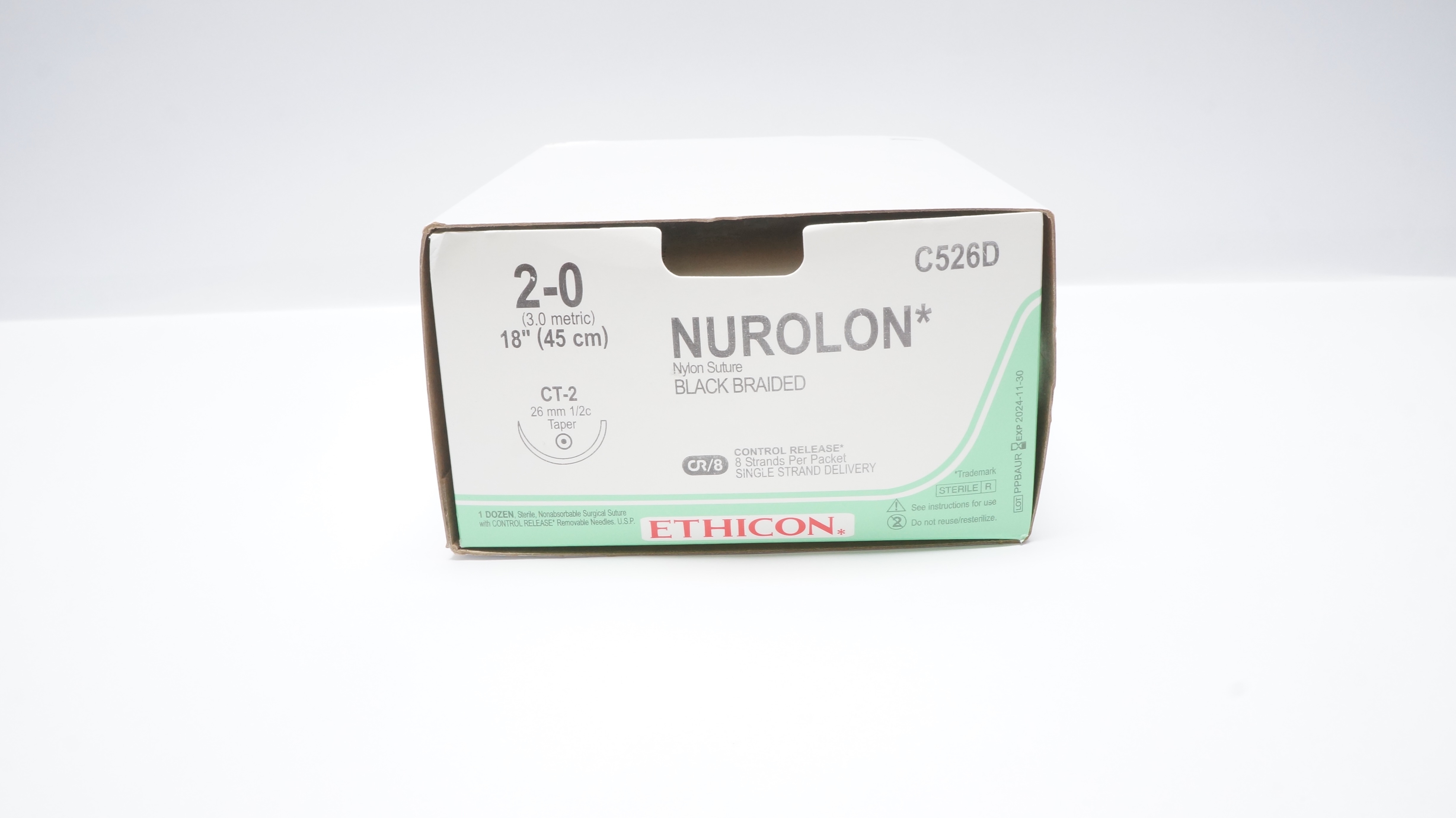 Ethicon C526D 2-0 NUROLON, CT-2, 26mm 1/2c Taper, 18inch - Box of 11