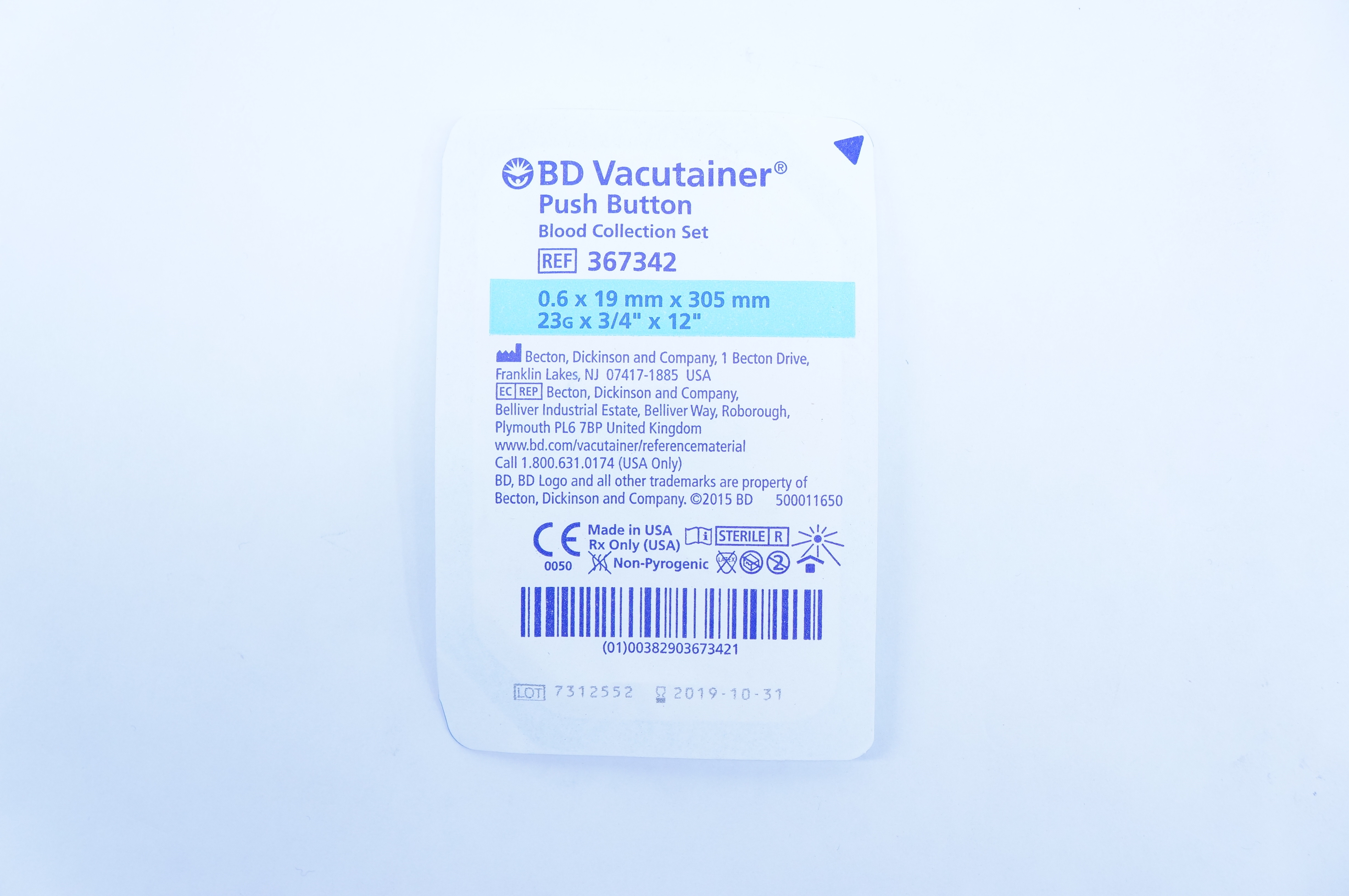 BD 367342 Vacutainer Push Button Blood Collection Set 23G x 3/4inch x 12inch (x)