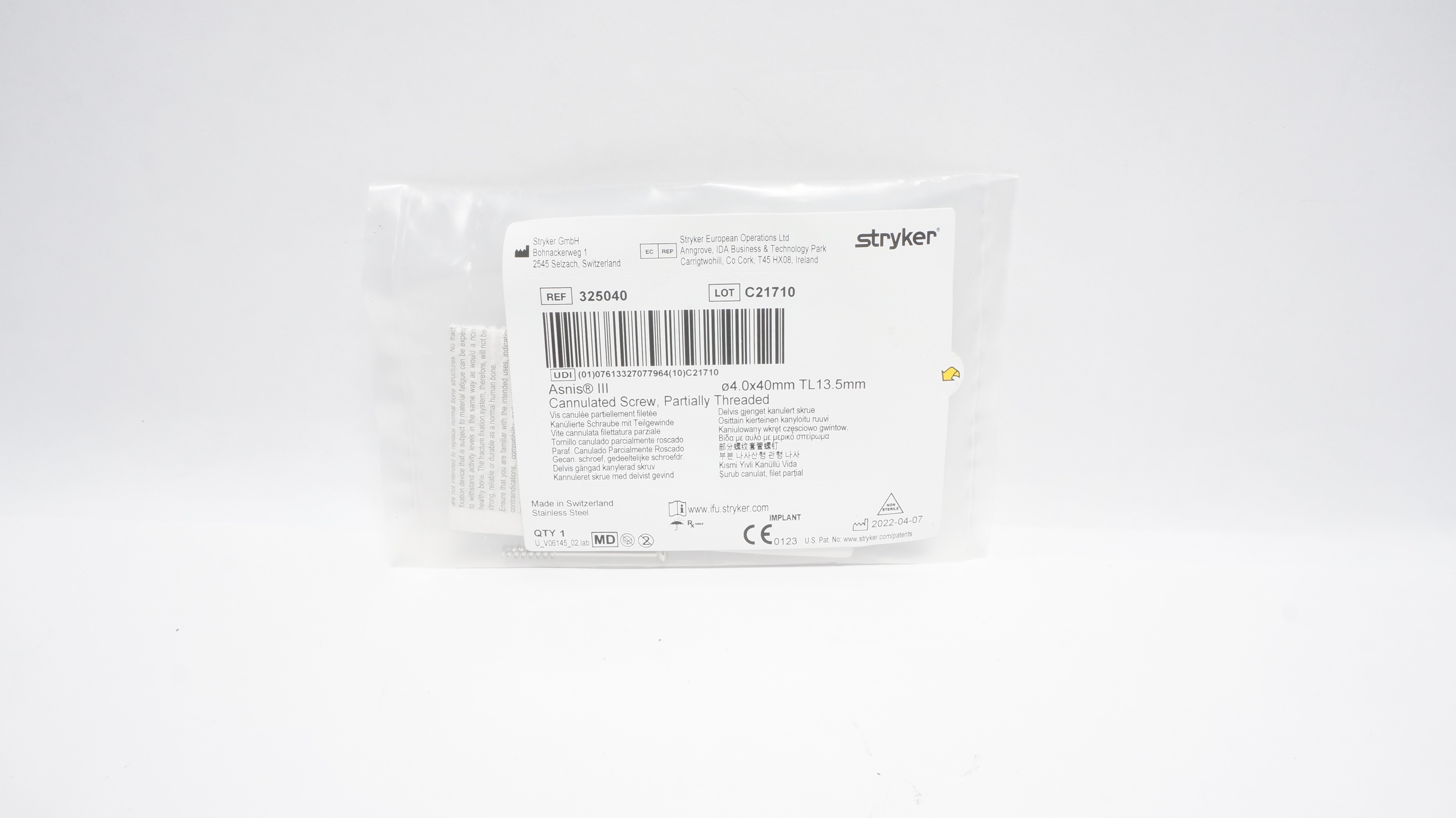 Stryker 325040 Asnis III Canulated Screw,Partially Threaded 4.0 x 40mm TL 13.5mm