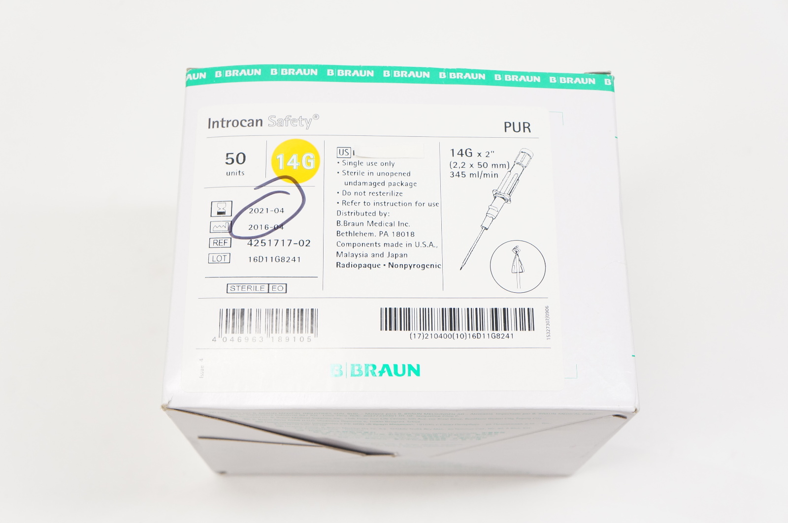 Braun 4251717-02 Introcan Safety IV Cath. 14G x 2inch - Box of 50