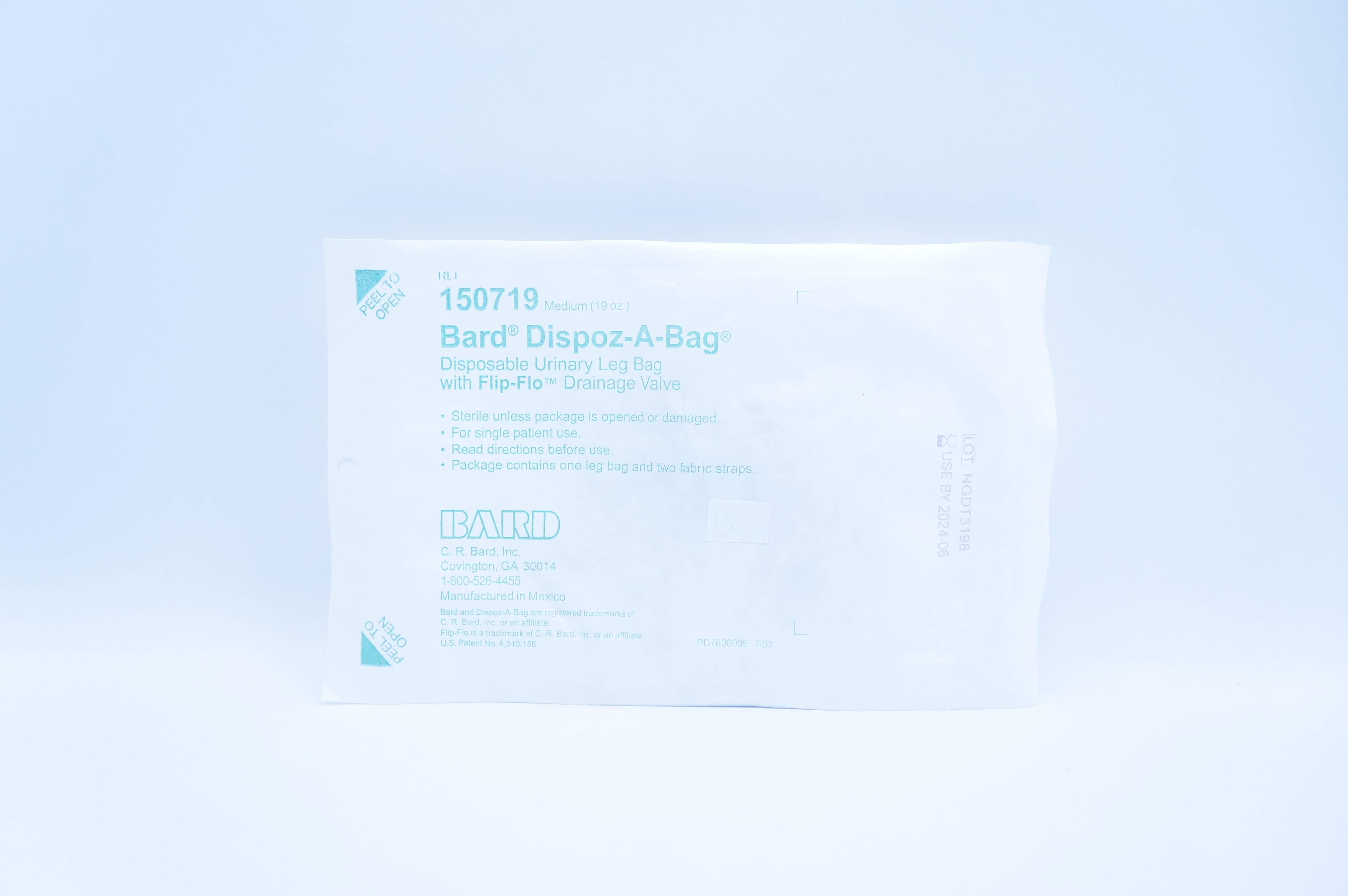 Bard 150719 Dispoz-A-Bag Disposable Urinary Leg Bag, Medium 19oz.