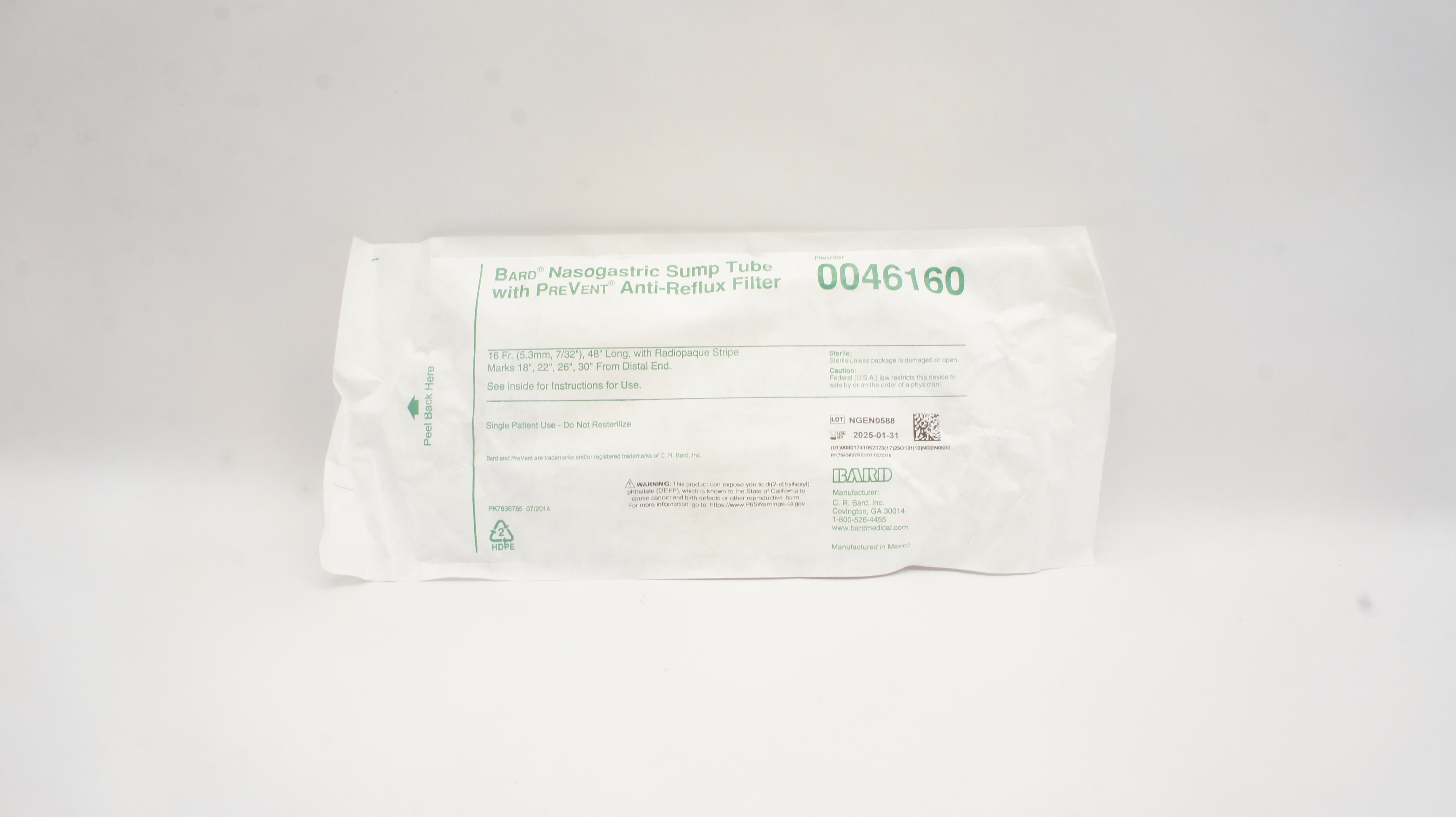 Bard 0046160 Nasogastric Sump Tube w/PreVent Anti-Reflux Filter 16Fr. x 48inch