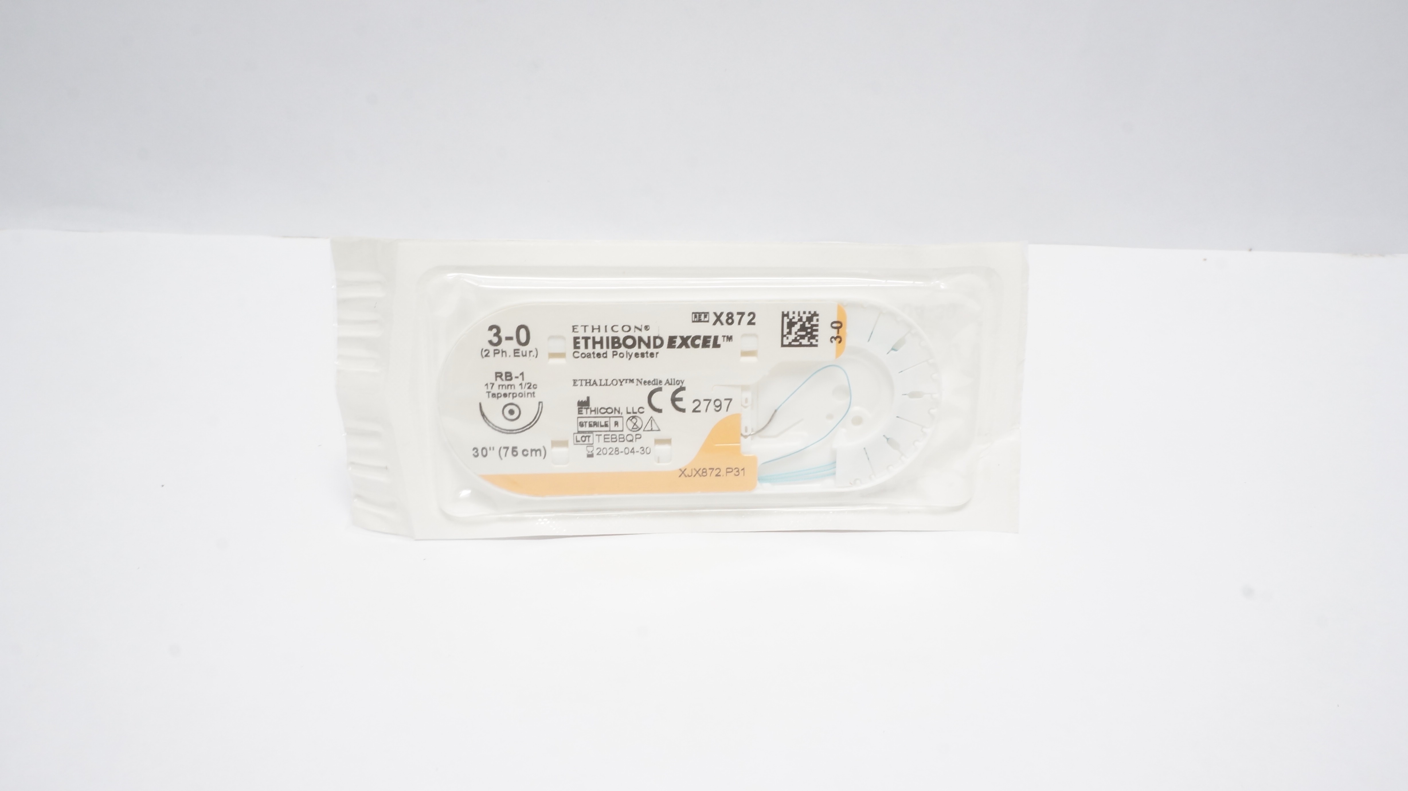 Ethicon X872 3-0 ETHIBOND Polyester, RB-1, 17mm 1/2c Taperpoint, 30inch