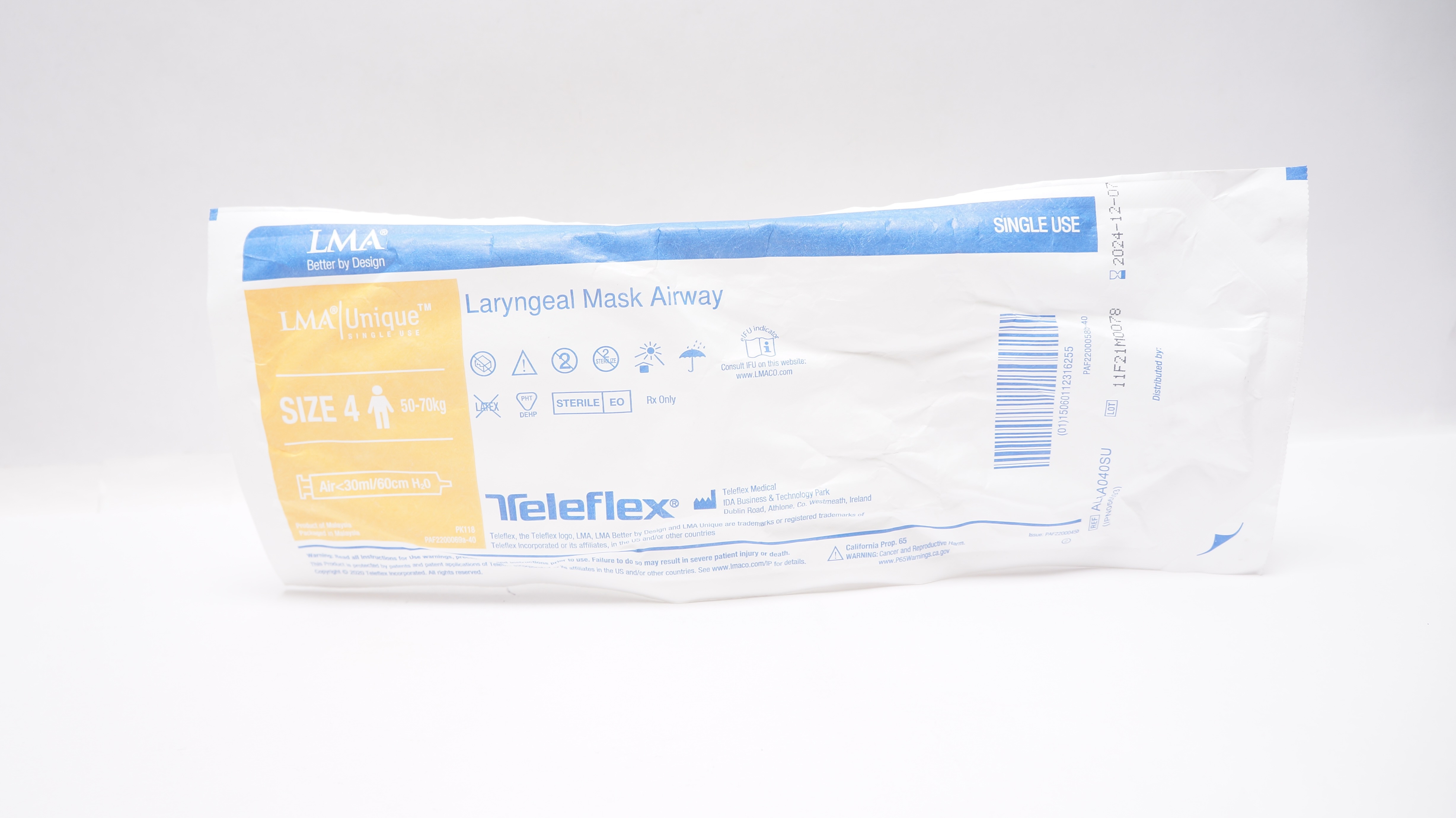 Teleflex ALAA040SU LMA Laryngeal Mask Airway Size 4, 50-70kg Air <30cm/60ml H2O