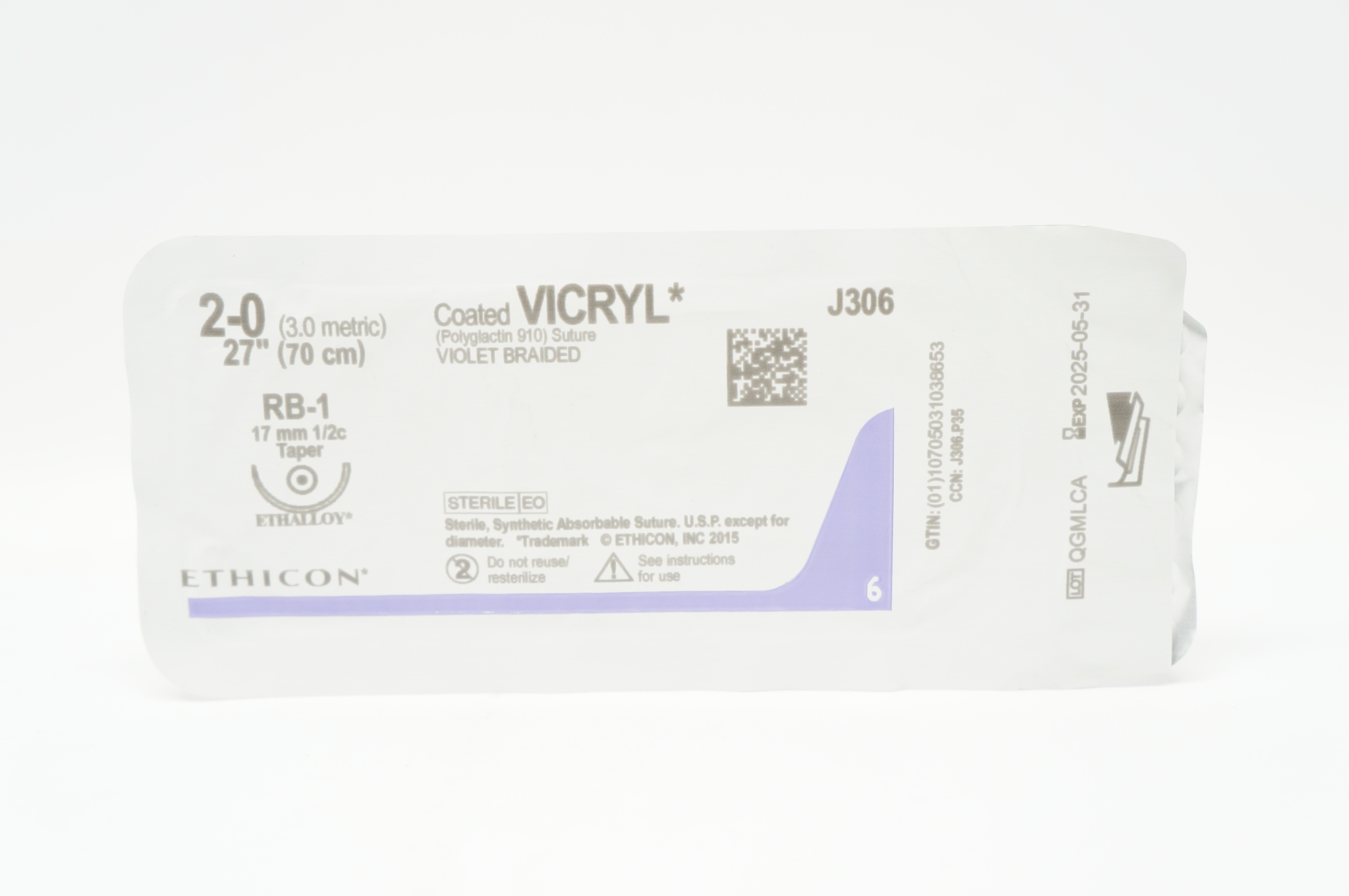 Ethicon J306 2-0 VICRYL RB-1 17mm 1/2c Taper, 27inch