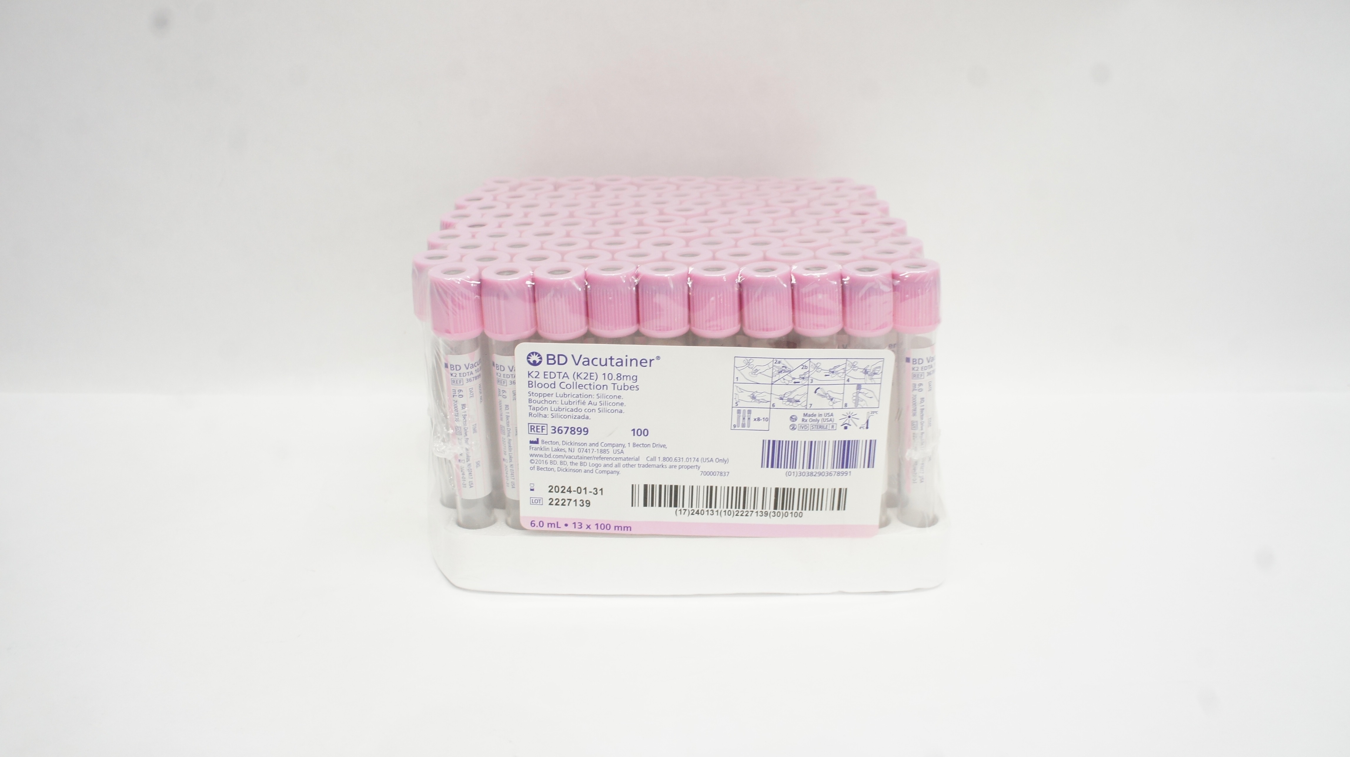 BD 367899 Vacutainer K2 EDTA Blood Collection Tubes 6.0mL 13x100mm - Box of 100