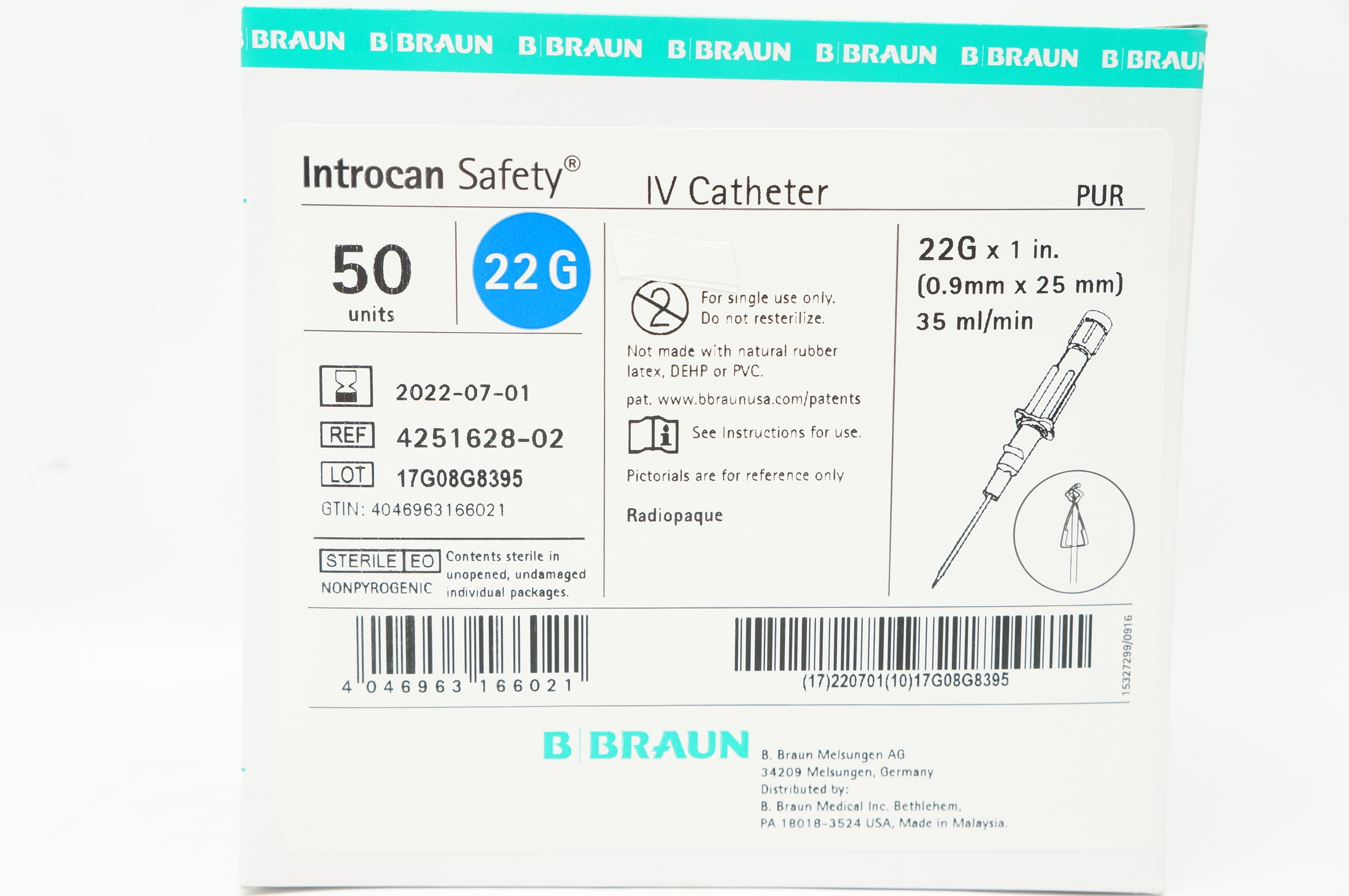 Braun 4251628-02 Introcan Safety IV Cath. 22G x 1inch 35ml/min - Box of 50
