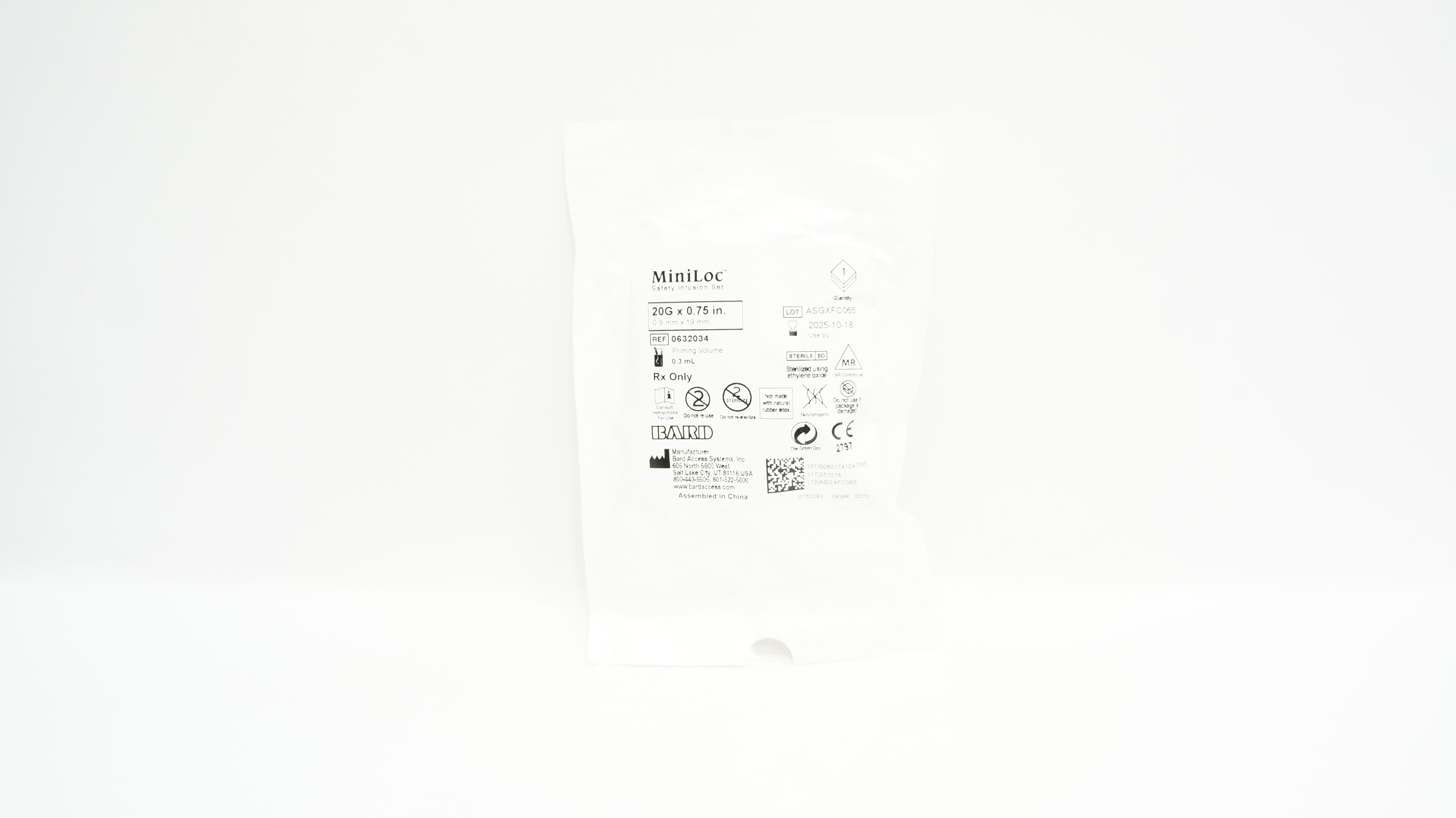 Bard 0632034 MiniLoc Safety Infusion Set 20G x 0.75 inch, Priming Vol. 0.3ml