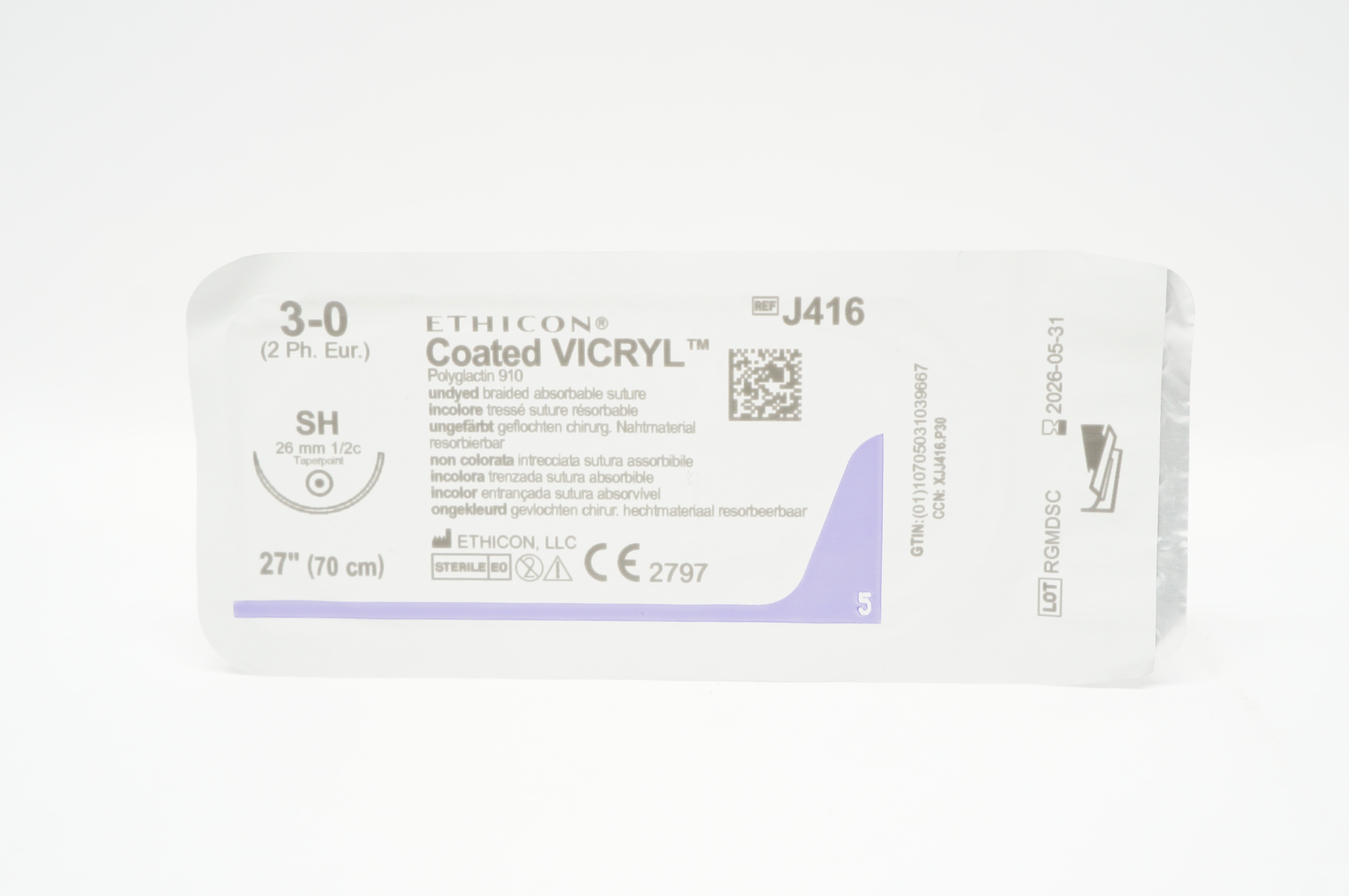 Ethicon J416 3-0 Coated VICRYL Stre SH 26mm 1/2c Taperpoint, 27inch